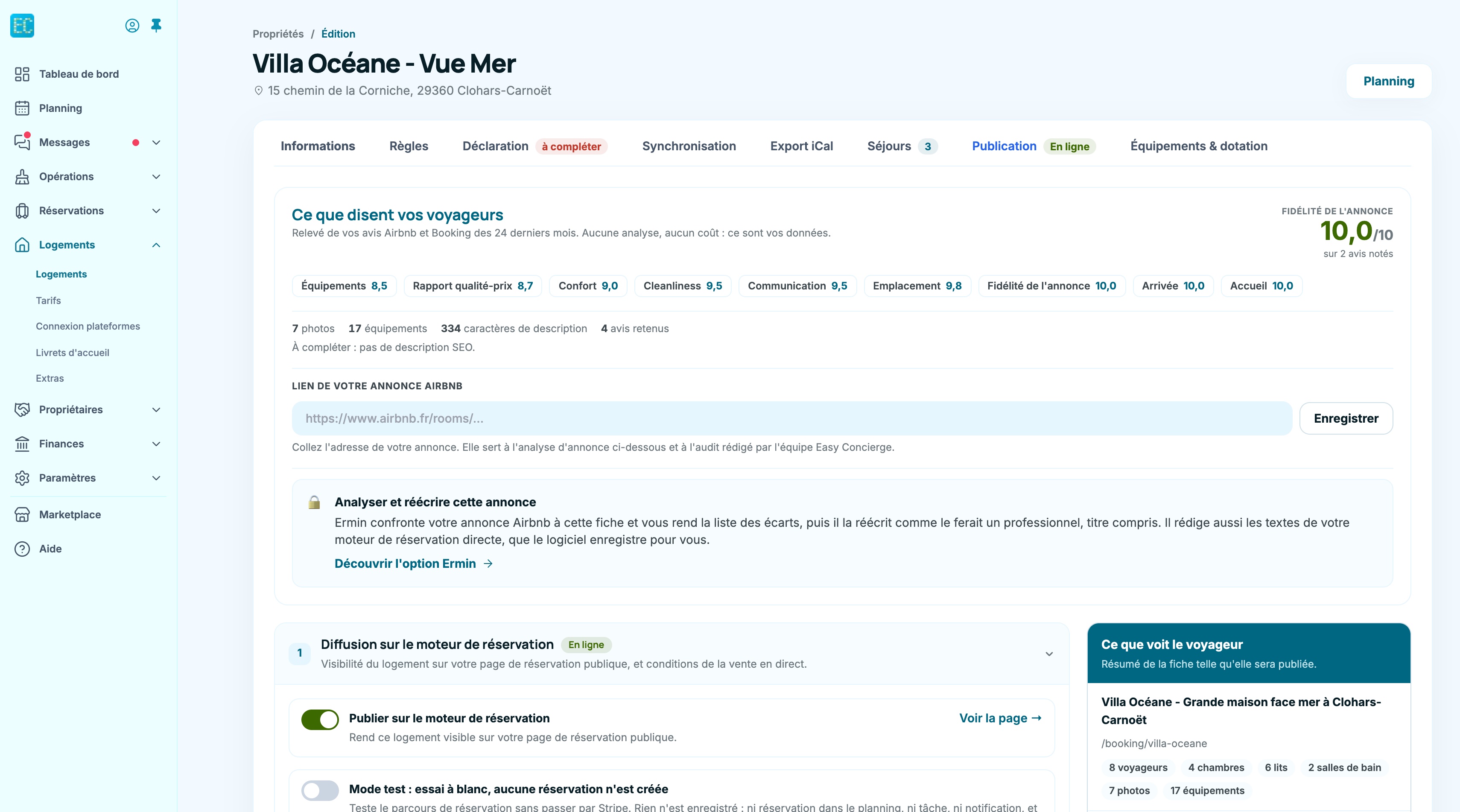 Onglet Publication : avis des voyageurs, lien de l'annonce Airbnb et diffusion sur le moteur de réservation