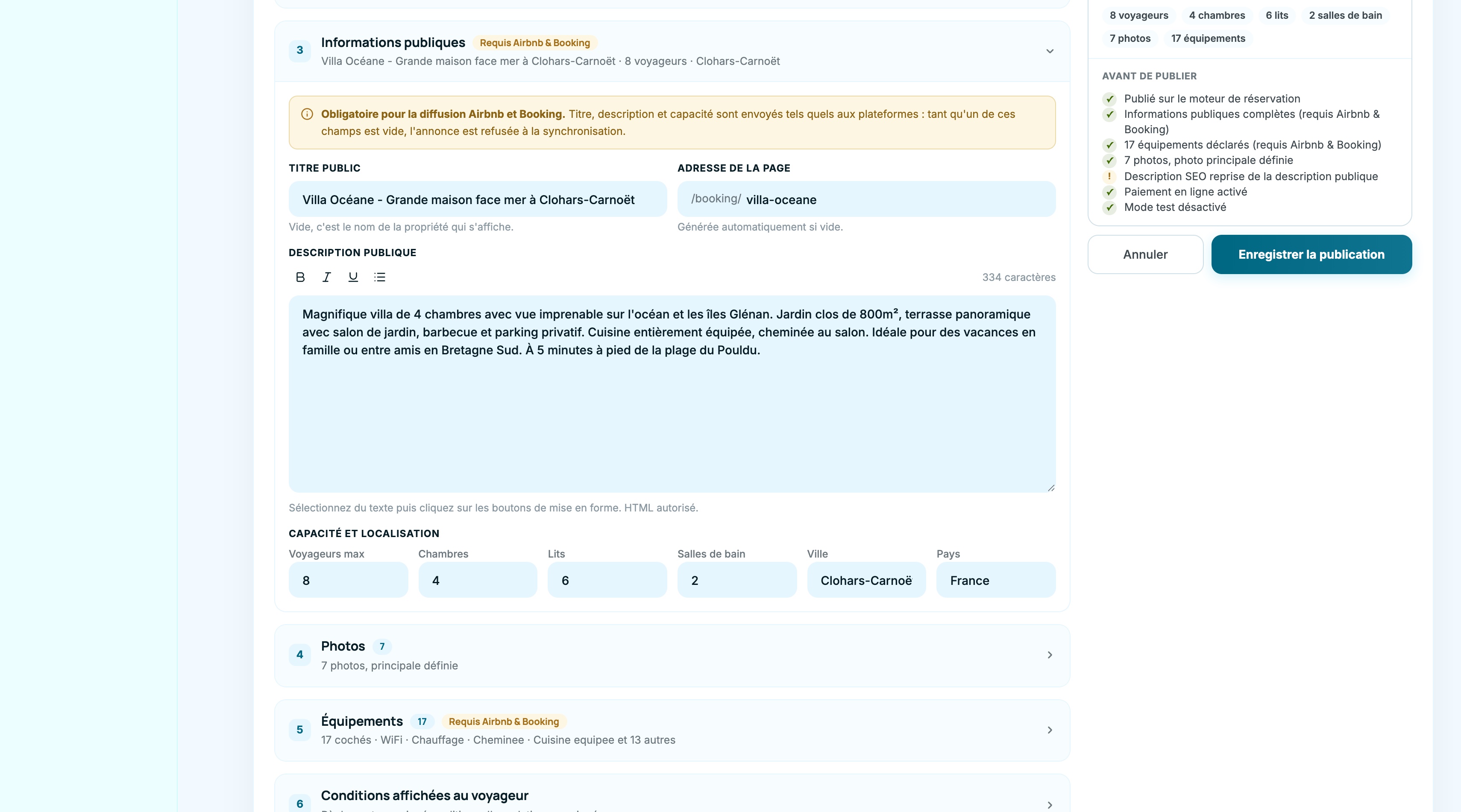 Onglet Publication : informations publiques, titre, adresse de la page, description et capacité