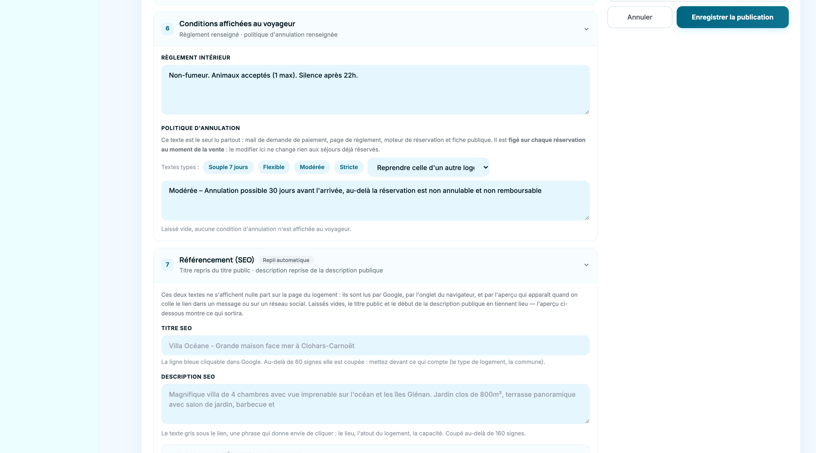 Onglet Publication : règlement intérieur, politique d'annulation et référencement SEO