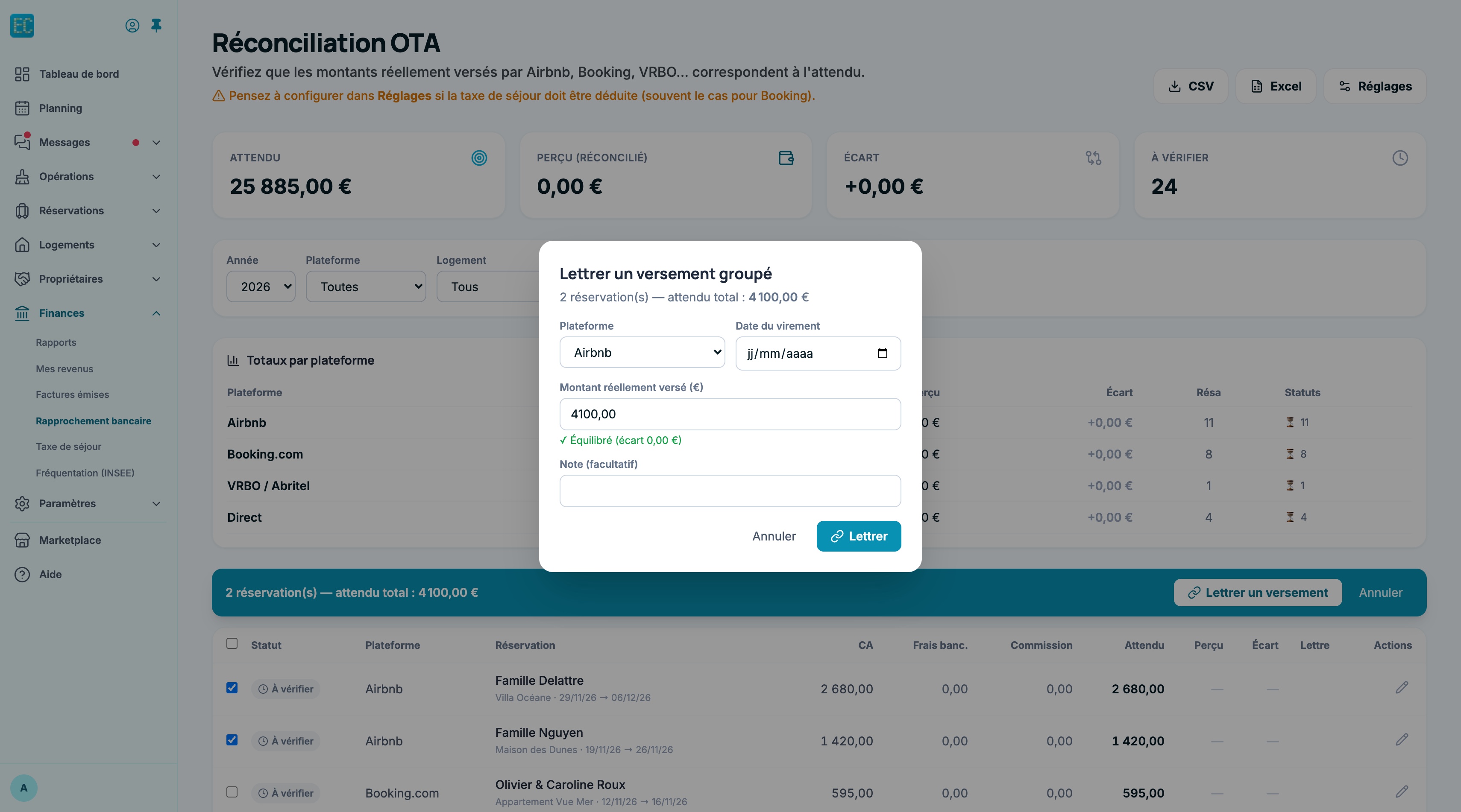 Fenêtre Lettrer un versement groupé : plateforme, date du virement, montant réellement versé avec le contrôle Équilibré, note et bouton Lettrer