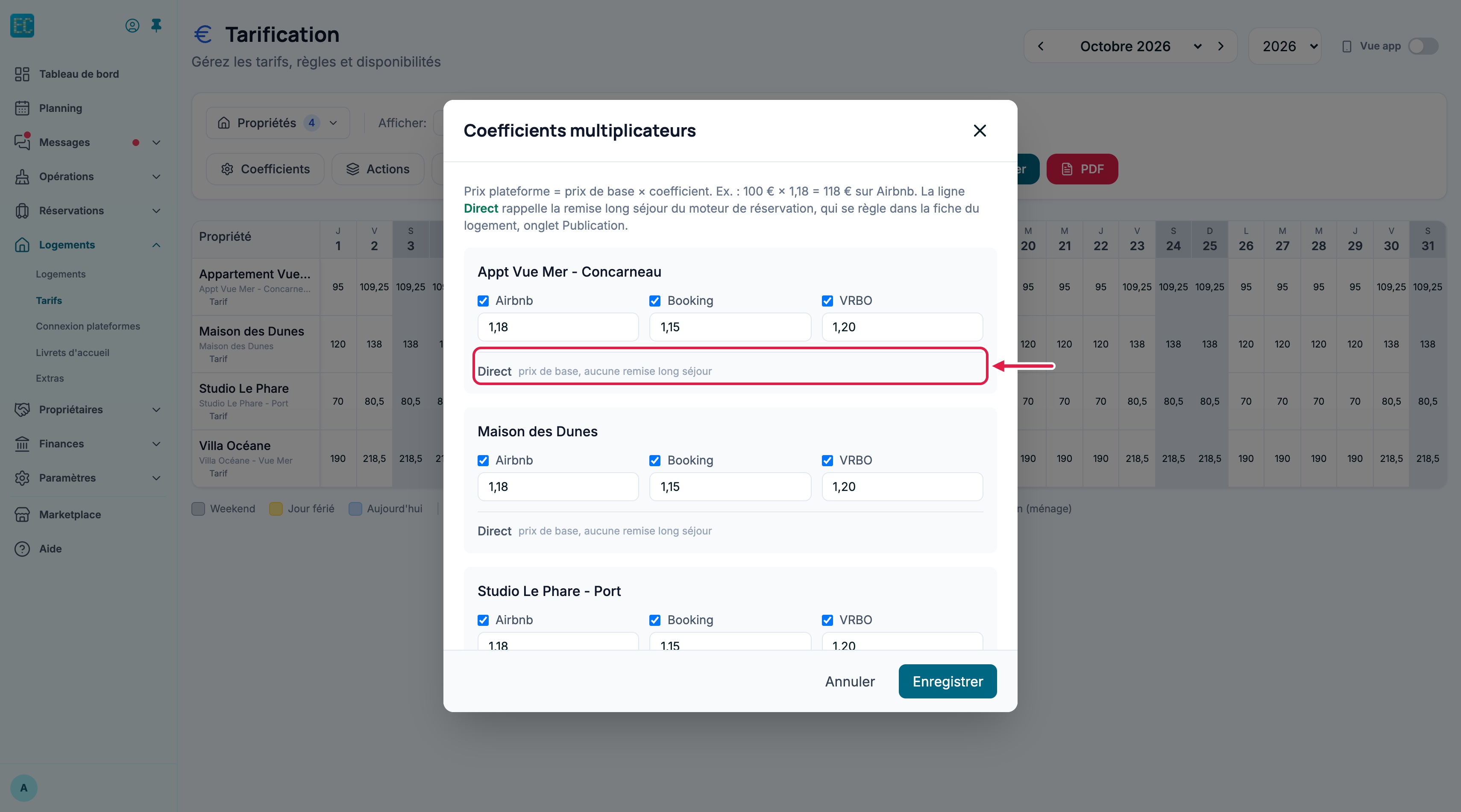 Écran Tarifs, fenêtre Coefficients multiplicateurs : sous les coefficients Airbnb, Booking et VRBO, la ligne Direct encadrée indique ici « prix de base, aucune remise long sejour »