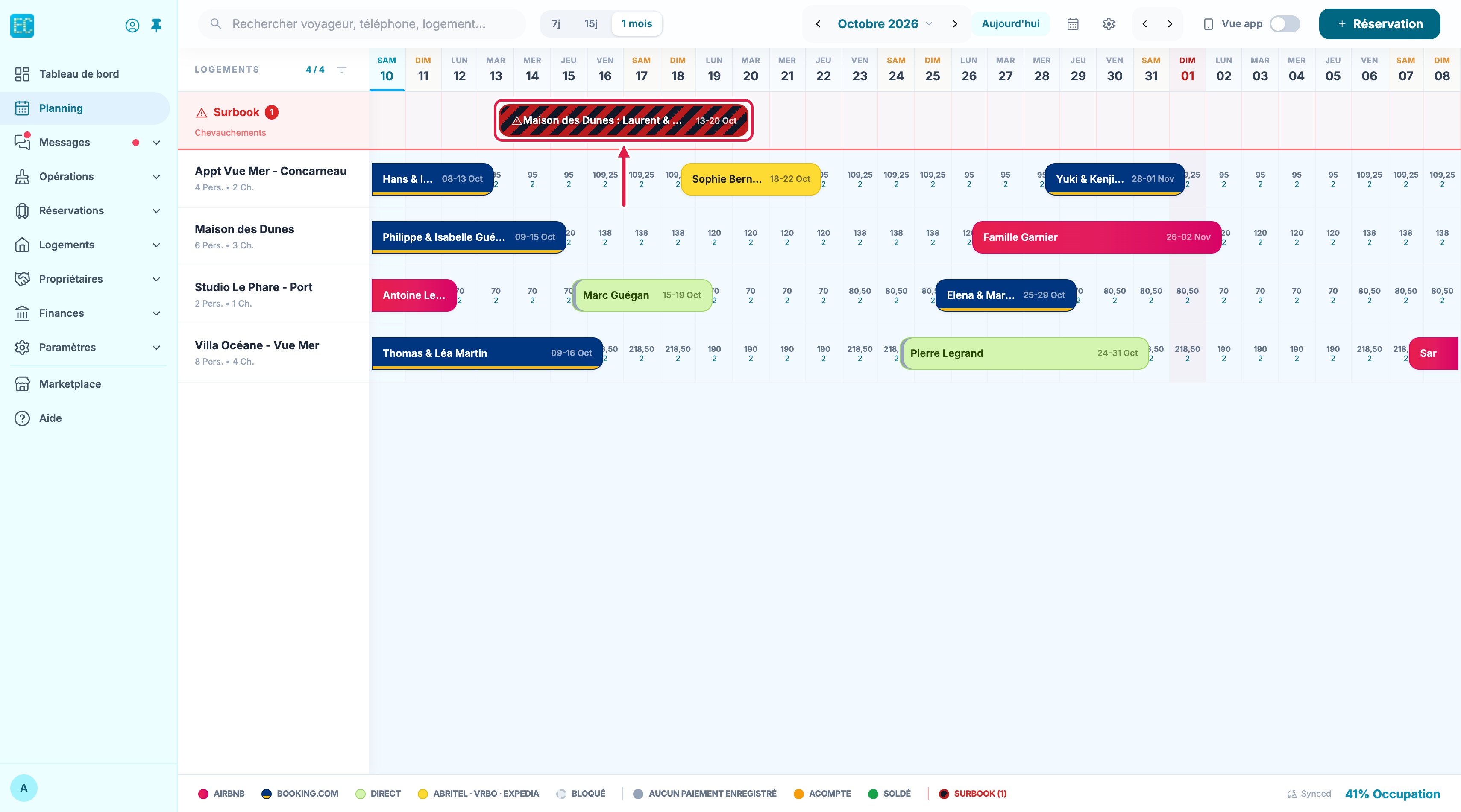 Ligne rouge Surbook en haut du planning avec la réservation qui chevauche