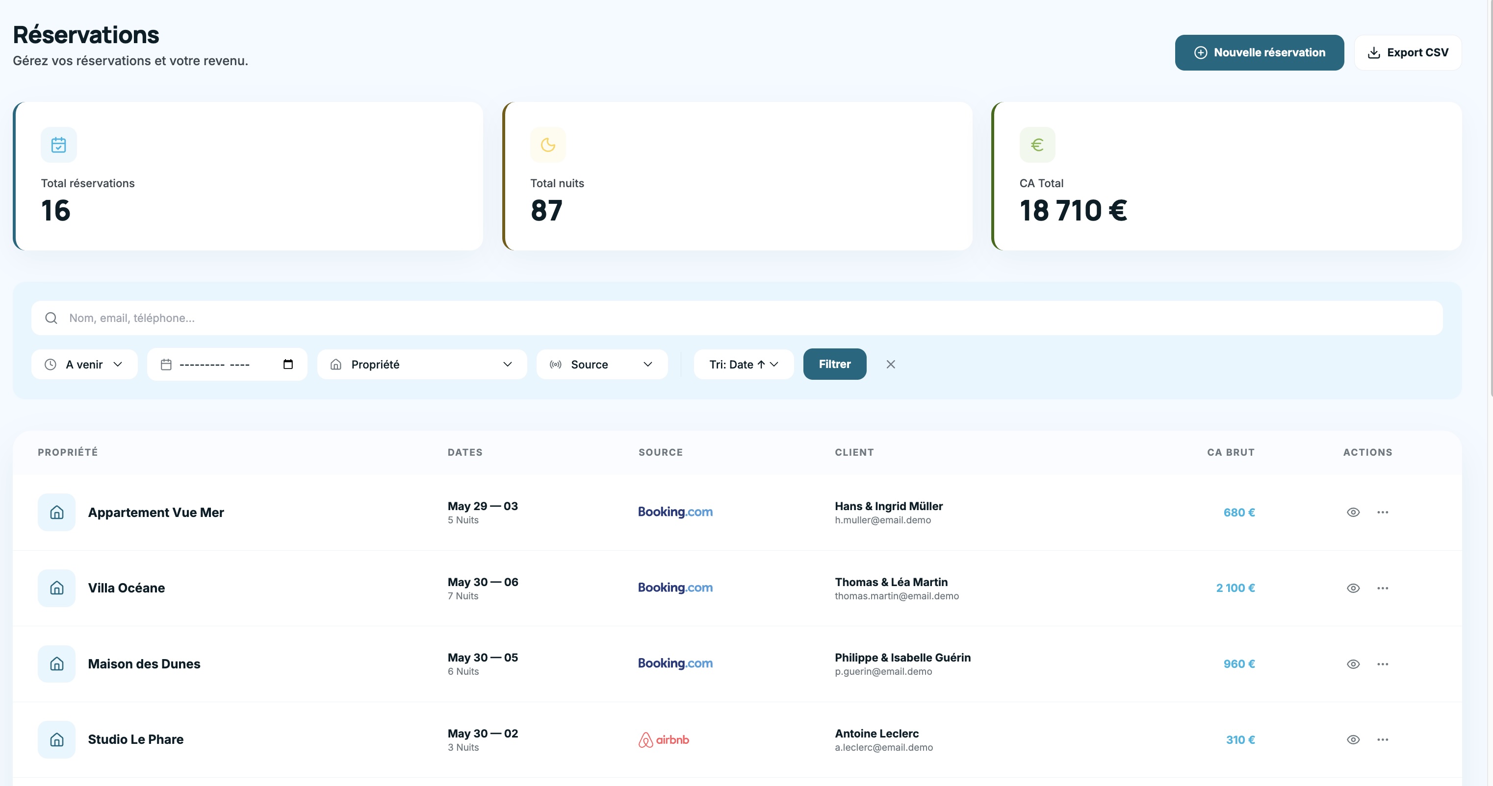 Liste des réservations avec les badges de source (Airbnb, Booking, manuelle…)