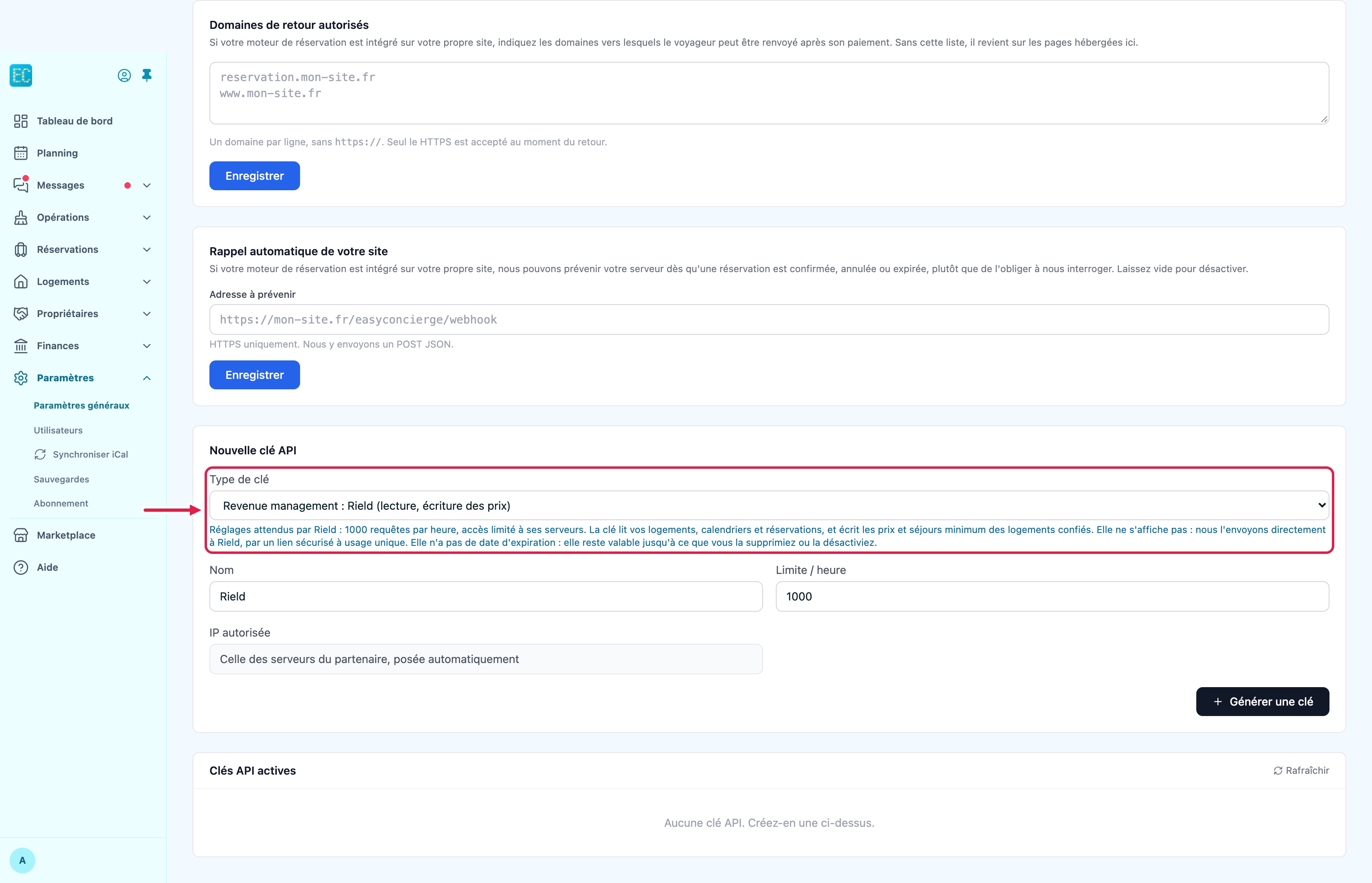 Onglet API, bloc Nouvelle clé API : le type de clé « Revenue management : Rield (lecture, écriture des prix) » est choisi et encadré, avec le texte d'aide en dessous ; les champs Nom (Rield), Limite / heure (1000) et IP autorisée (celle des serveurs du partenaire) sont remplis d'office