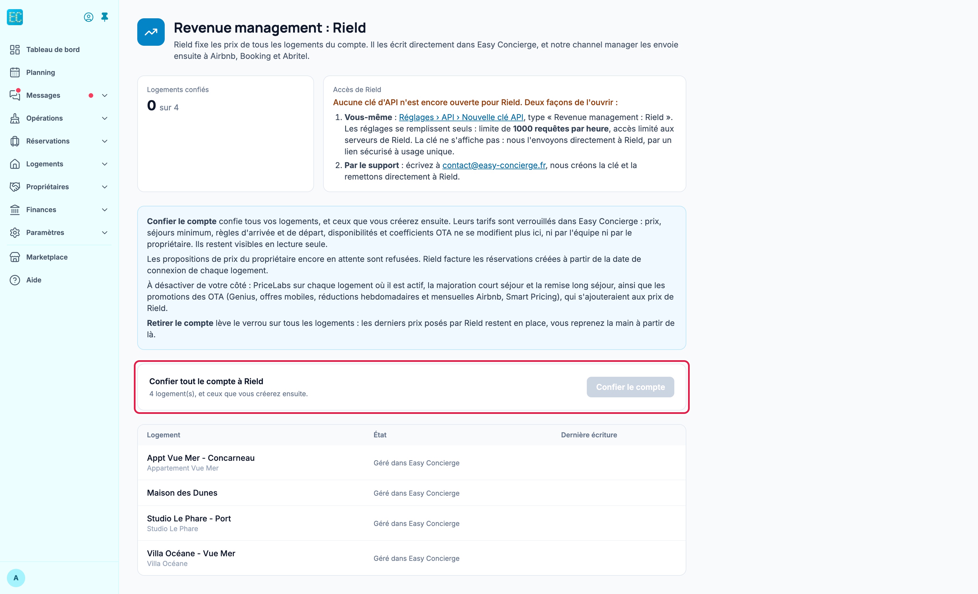 Écran Revenue management : Rield sur un compte sans clé : 0 logement confié sur 4, bloc Accès de Rield avec les deux façons d'ouvrir une clé, encadré bleu des conséquences, bloc « Confier tout le compte à Rield » encadré avec son bouton « Confier le compte » grisé, puis la liste des 4 logements à l'état Géré dans la conciergerie