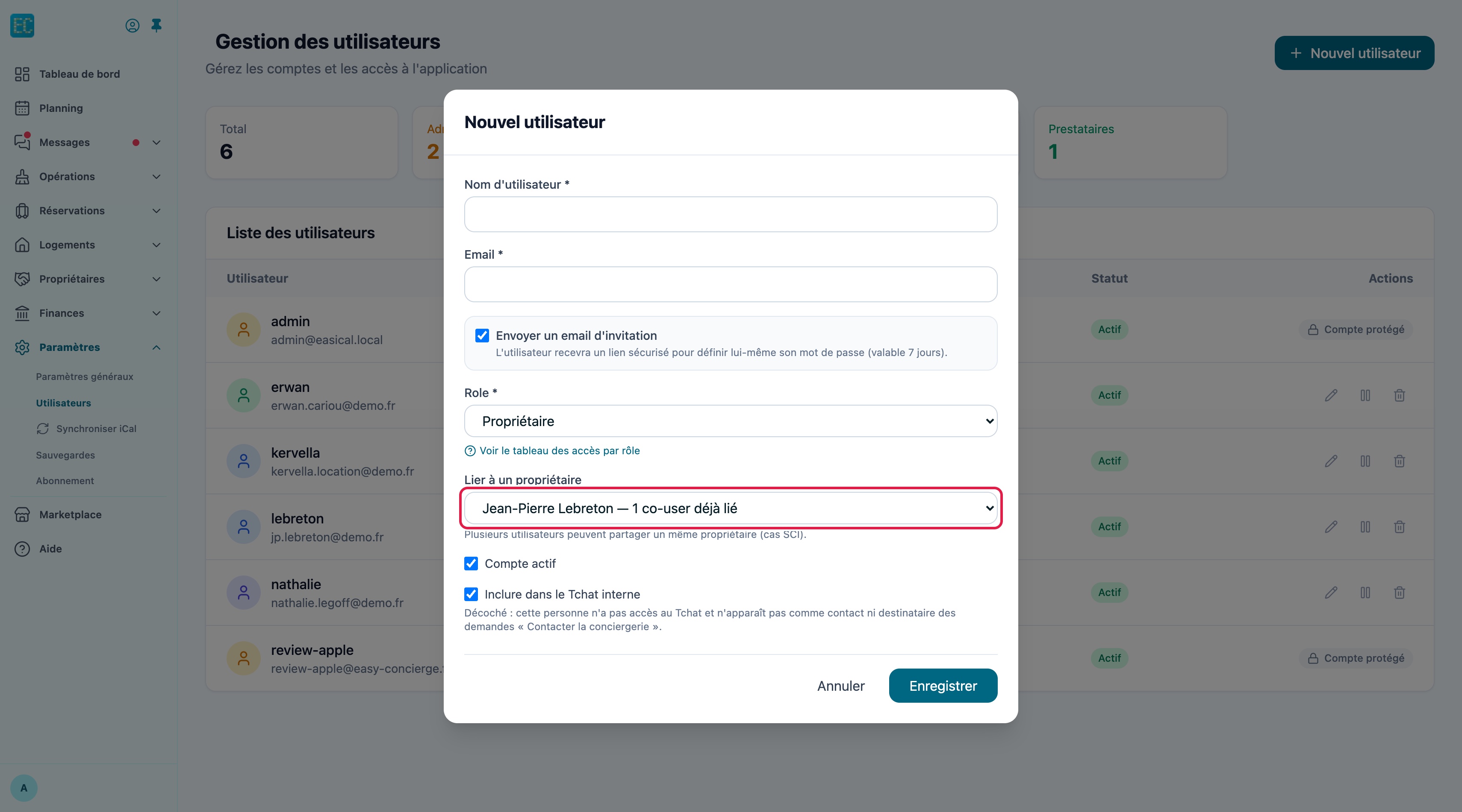 Fenêtre Nouvel utilisateur : rôle Propriétaire et liste Lier à un propriétaire, avec la mention 1 co-user déjà lié