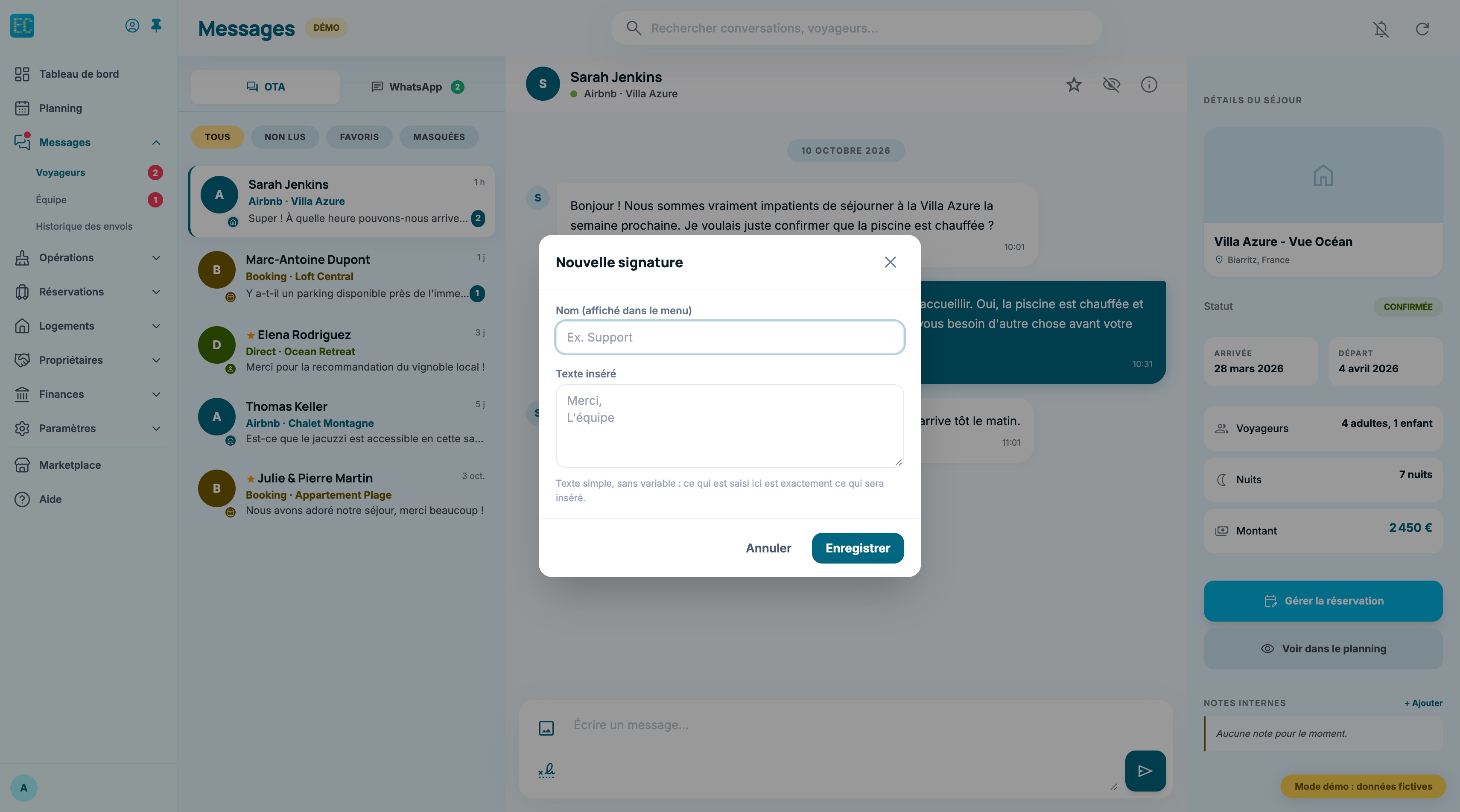 Fenêtre Nouvelle signature ouverte par-dessus la Messagerie : champ Nom (affiché dans le menu) avec l'exemple Ex. Support, champ Texte inséré avec l'exemple Merci, L'équipe, mention Texte simple, sans variable, boutons Annuler et Enregistrer