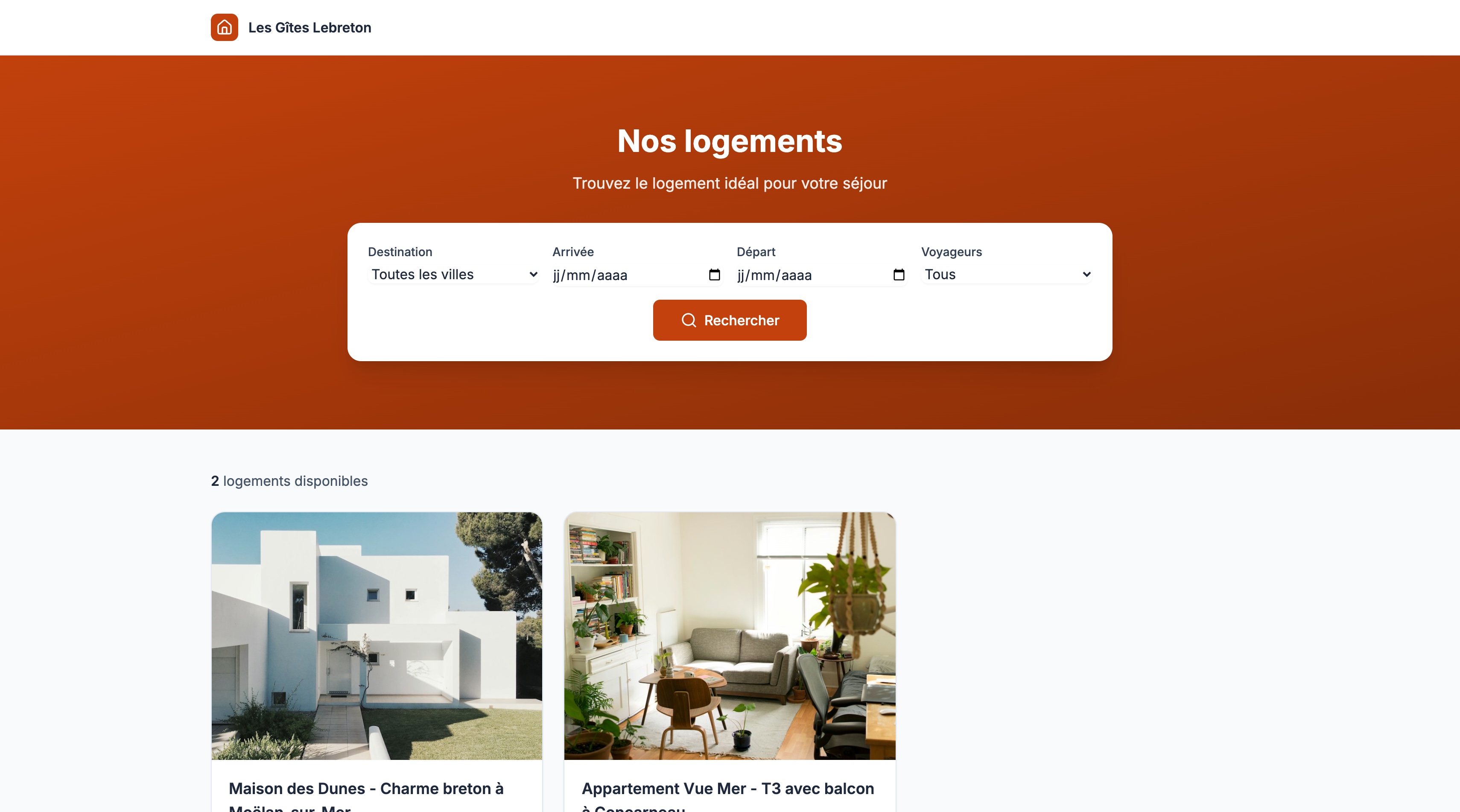 Moteur de réservation à l'adresse du lien : en-tête au nom Les Gîtes Lebreton, couleur orange, et seulement les deux logements de ce propriétaire
