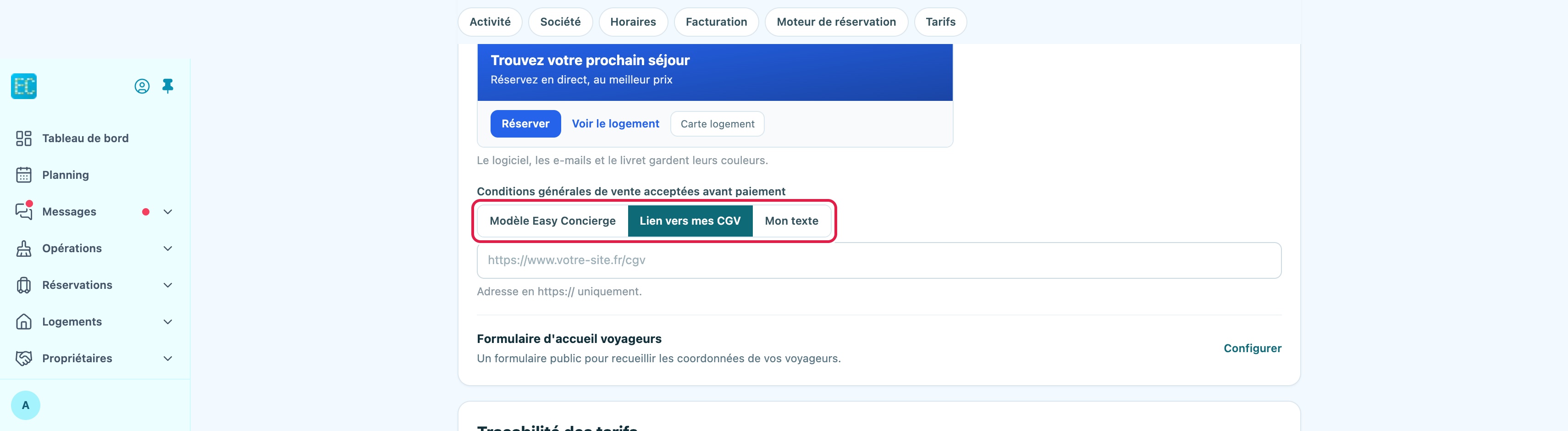 Paramètres, onglet Général, carte Moteur de réservation : les trois choix Modèle Easy Concierge, Lien vers mes CGV et Mon texte, avec le choix Lien vers mes CGV sélectionné et son champ d'adresse
