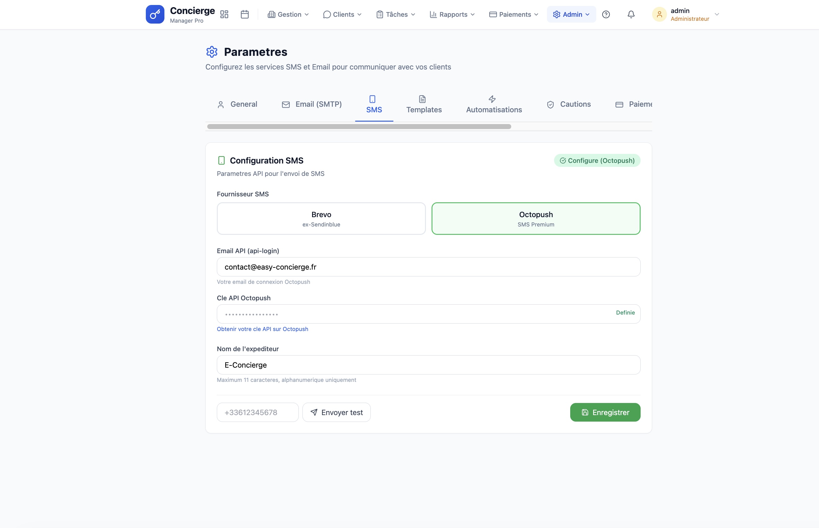 Page Paramètres - onglet SMS avec clé API et fournisseur