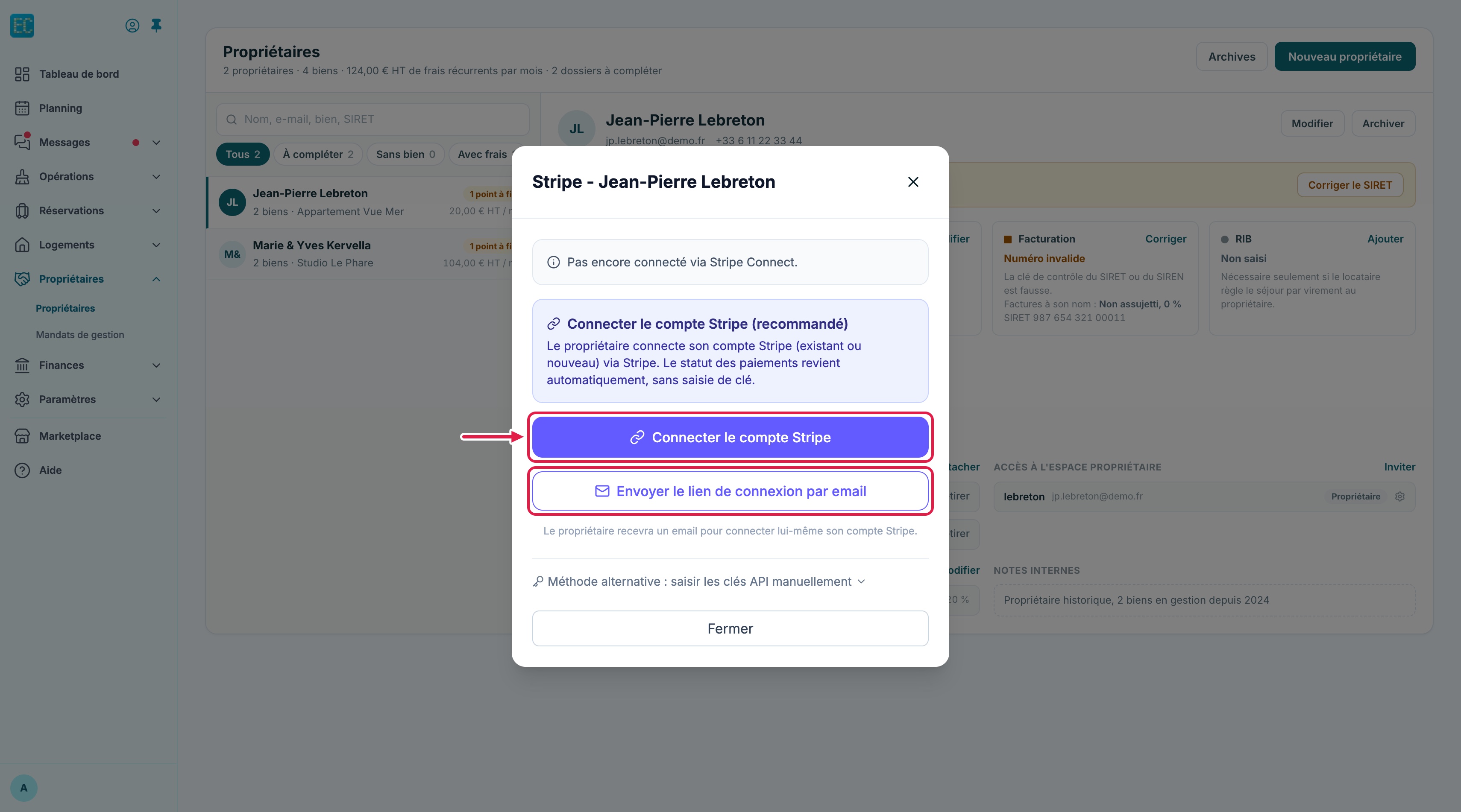 Fenêtre Stripe d'un propriétaire, état Pas encore connecté via Stripe Connect : les boutons Connecter le compte Stripe (désigné par une flèche) et Envoyer le lien de connexion par email sont encadrés