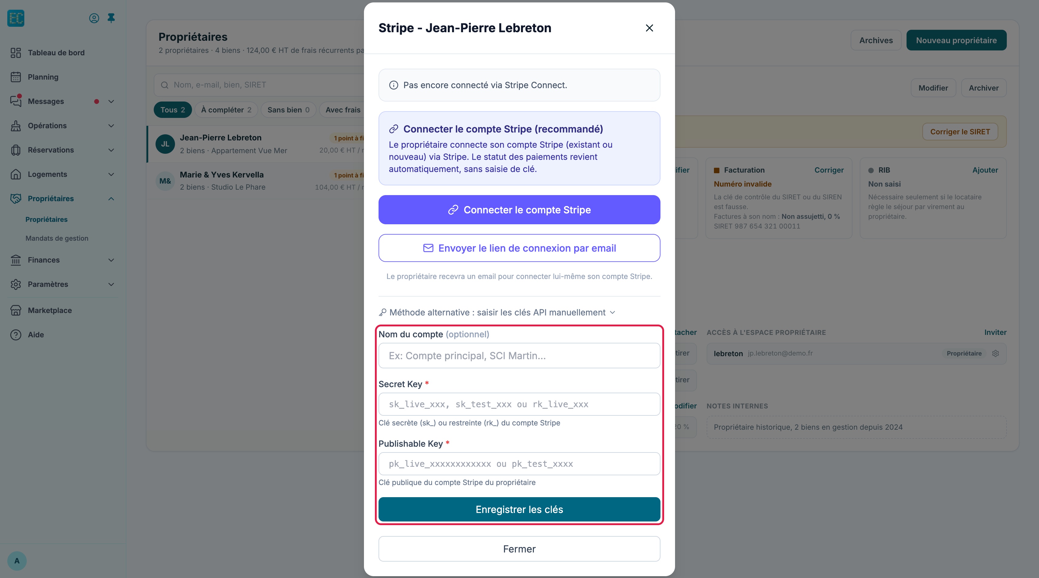 Fenêtre Stripe d'un propriétaire, méthode alternative dépliée : formulaire encadré avec les champs Nom du compte, Secret Key, Publishable Key et le bouton Enregistrer les clés