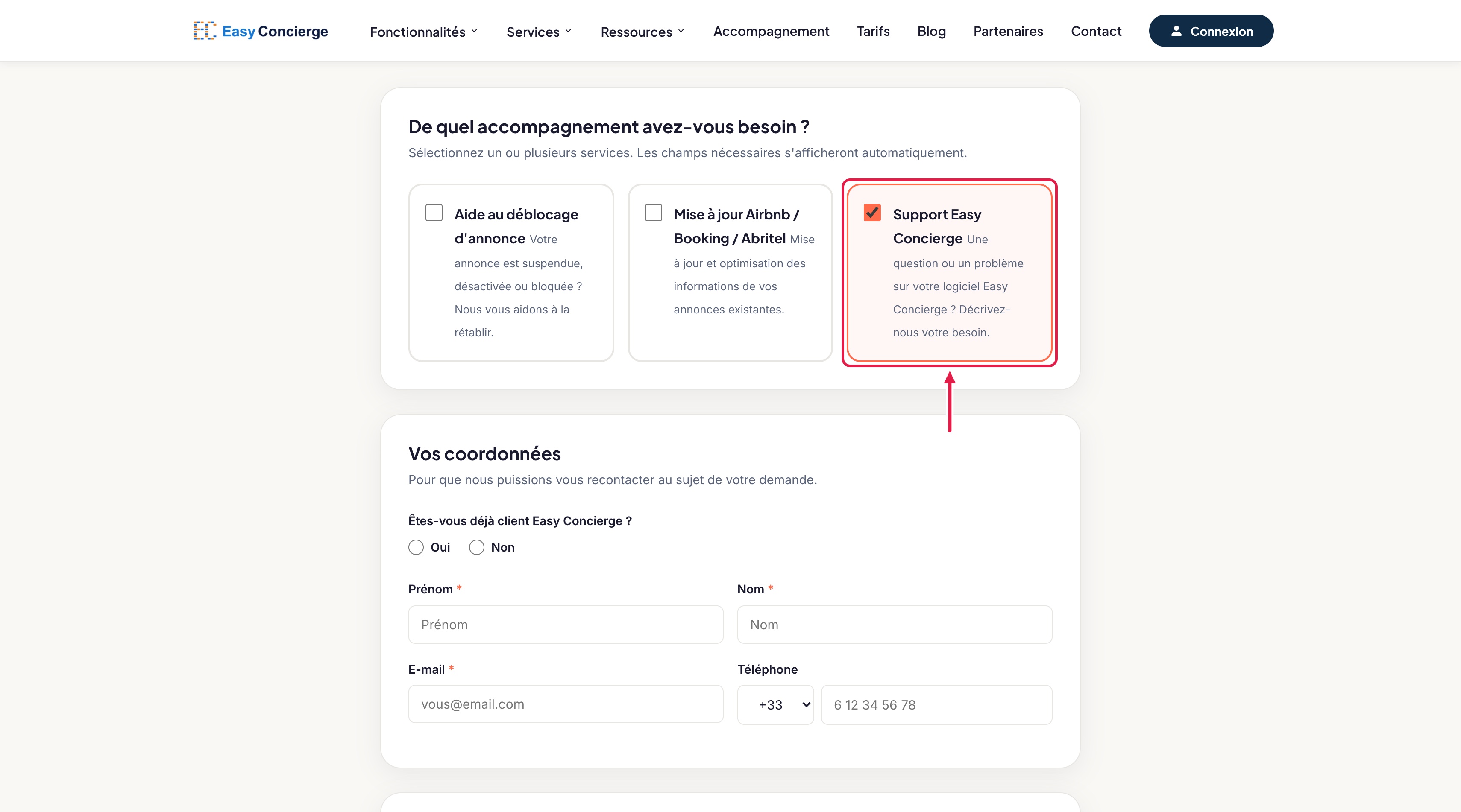 Formulaire de la page Support : carte Support Easy Concierge cochée et encadrée, puis le bloc Vos coordonnées