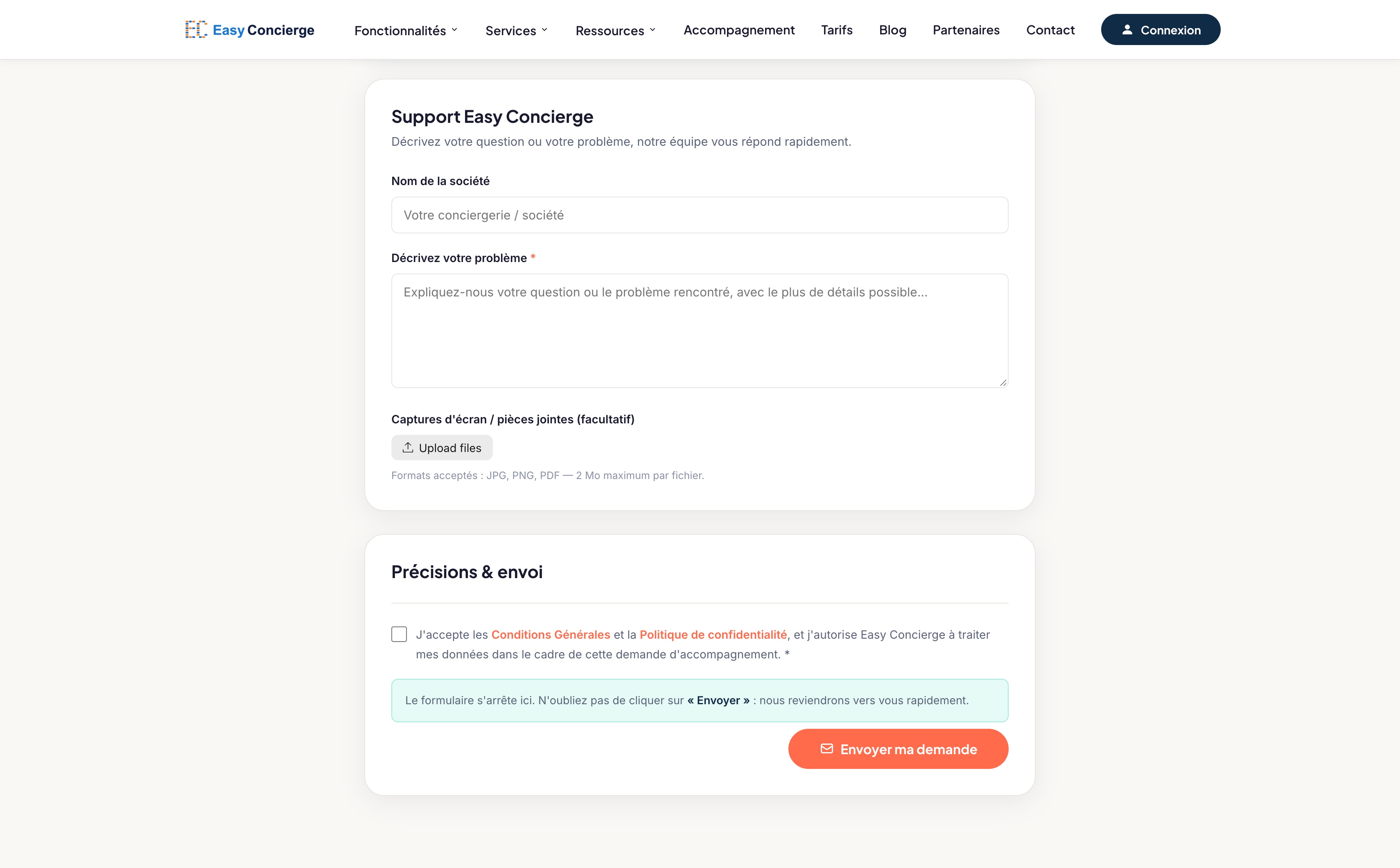 Bloc Support Easy Concierge : Nom de la société, Décrivez votre problème, Captures d'écran / pièces jointes, puis bloc Précisions et envoi avec la case d'acceptation et le bouton Envoyer ma demande