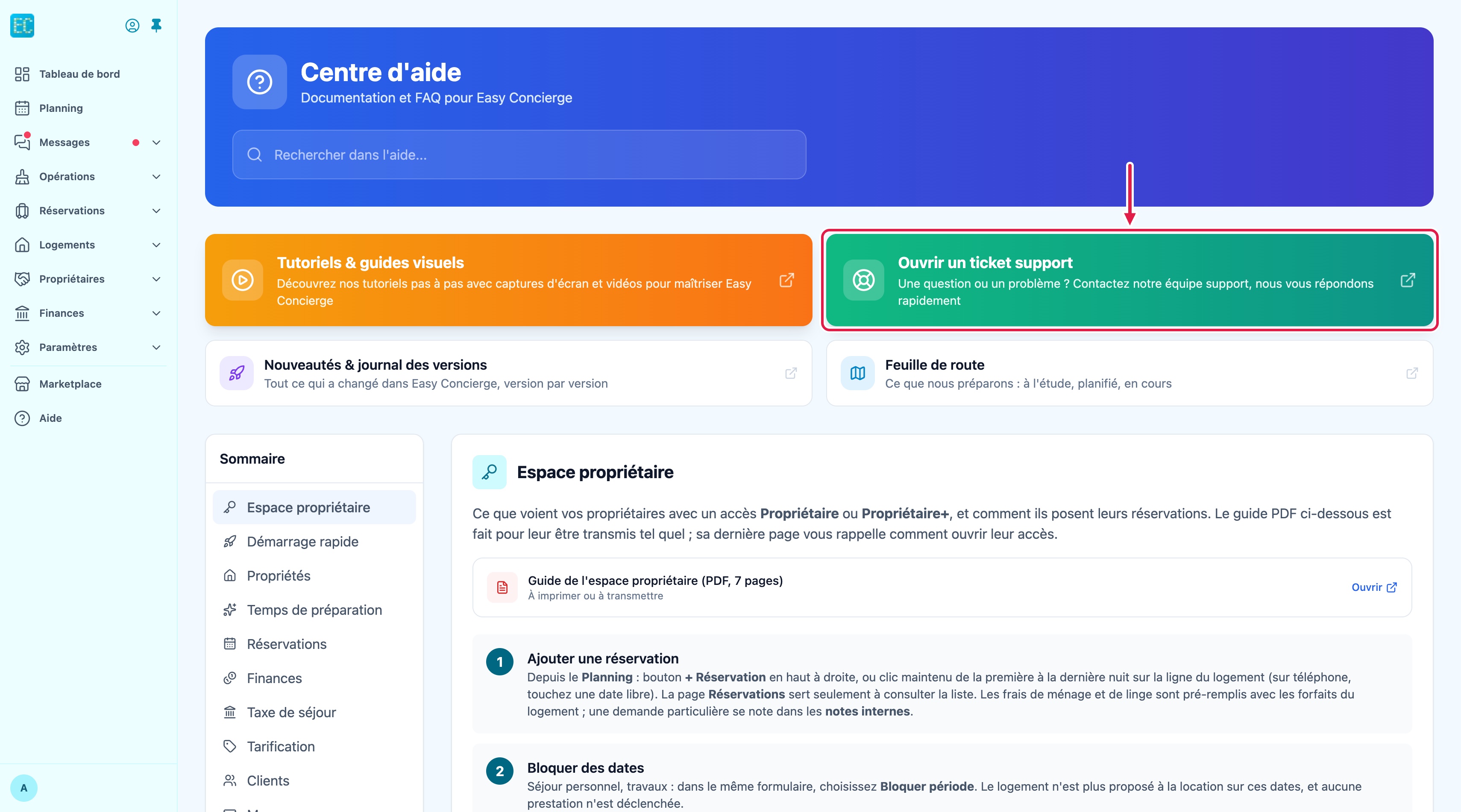 Page Centre d'aide du logiciel : bandeau vert Ouvrir un ticket support encadré, à côté du bandeau Tutoriels et guides visuels