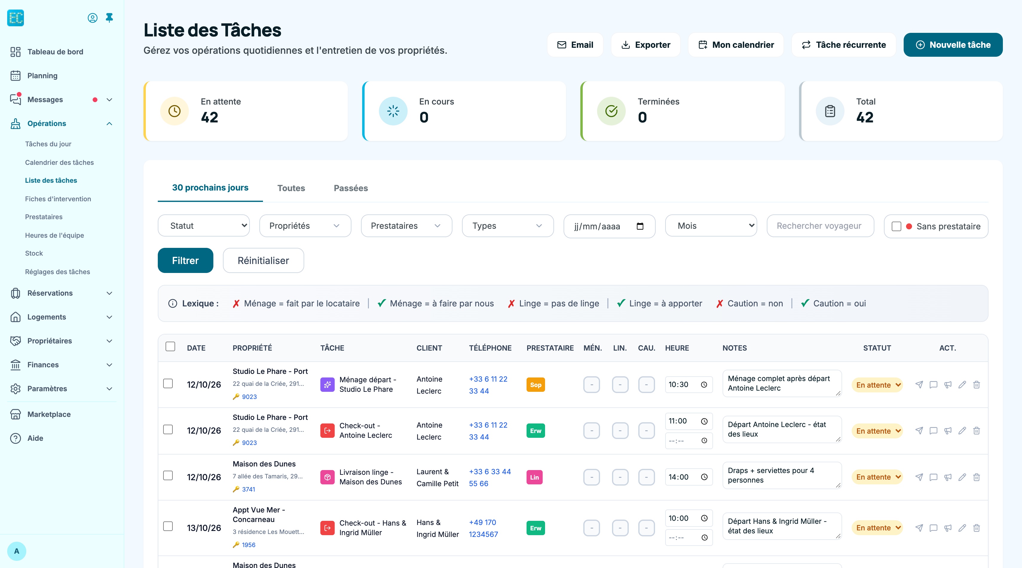 Page Liste des tâches : boutons Email, Exporter, Mon calendrier, Tâche récurrente et Nouvelle tâche, quatre compteurs, onglets 30 prochains jours, Toutes et Passées, filtres et tableau des tâches