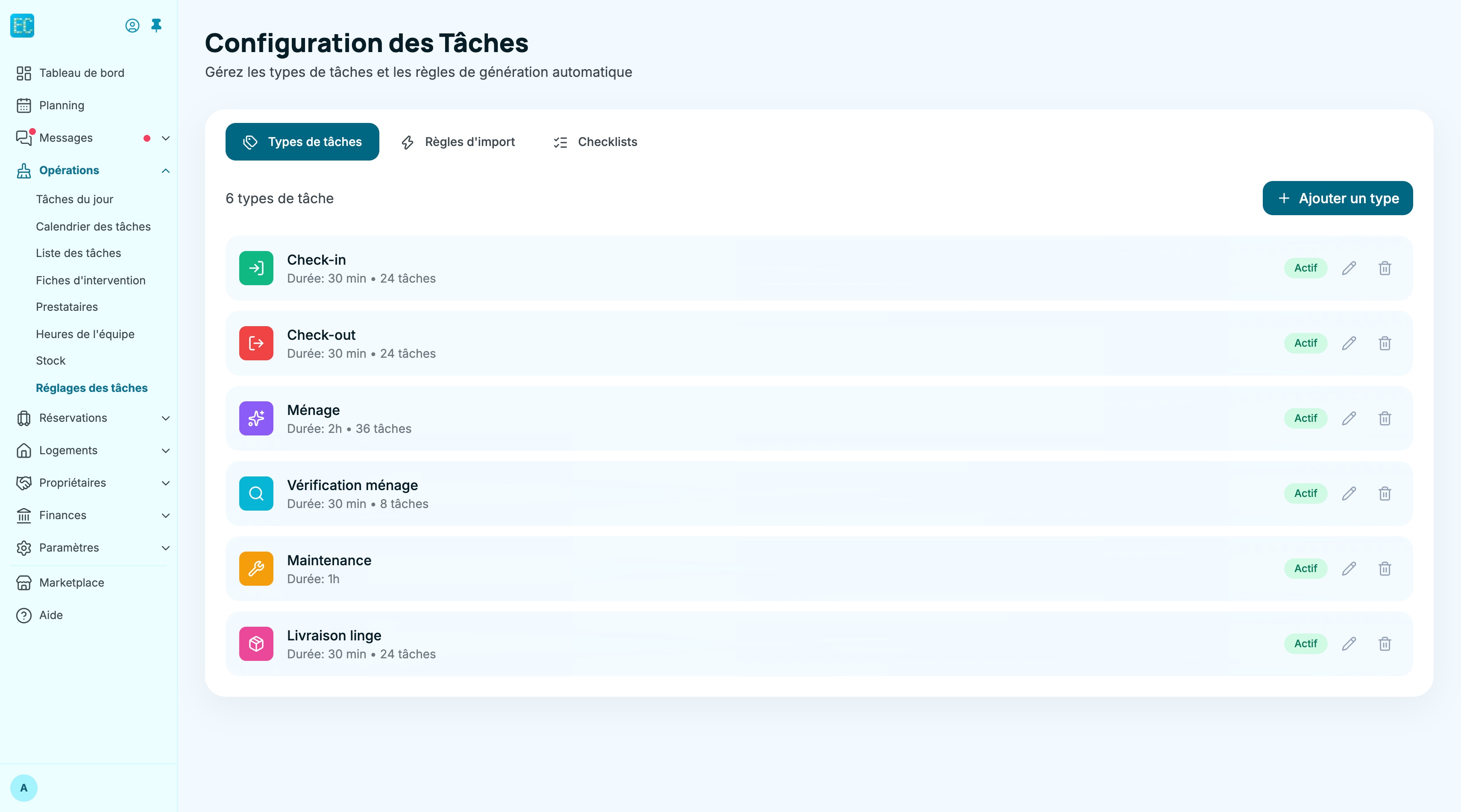 Onglet Types de tâches de la page Réglages des tâches : six types avec leur icône colorée, leur durée, le nombre de tâches, le badge Actif et les boutons modifier et supprimer