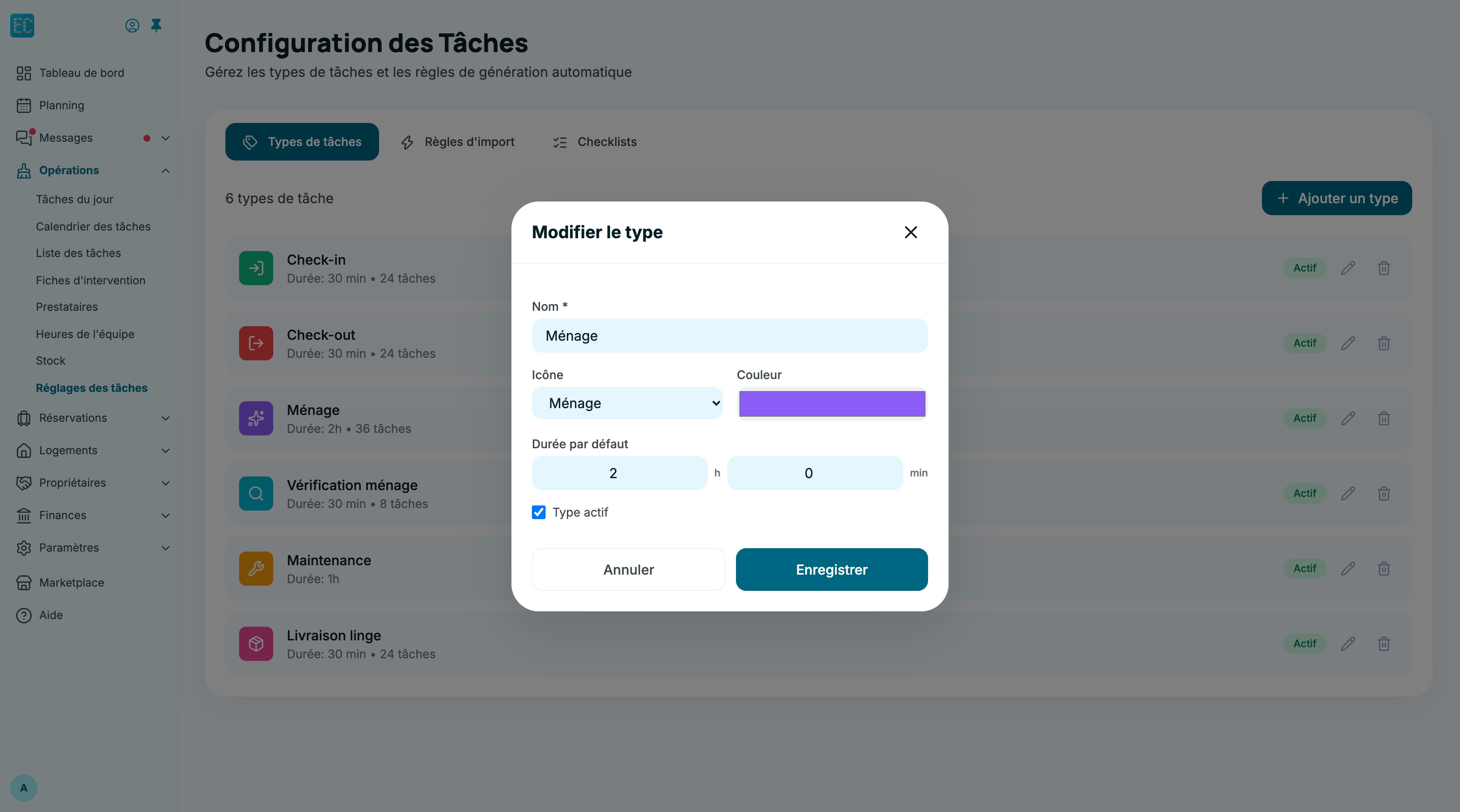 Fenêtre Modifier le type ouverte sur le type Ménage : champs Nom, Icône, Couleur, Durée par défaut 2 h 0 min et case Type actif