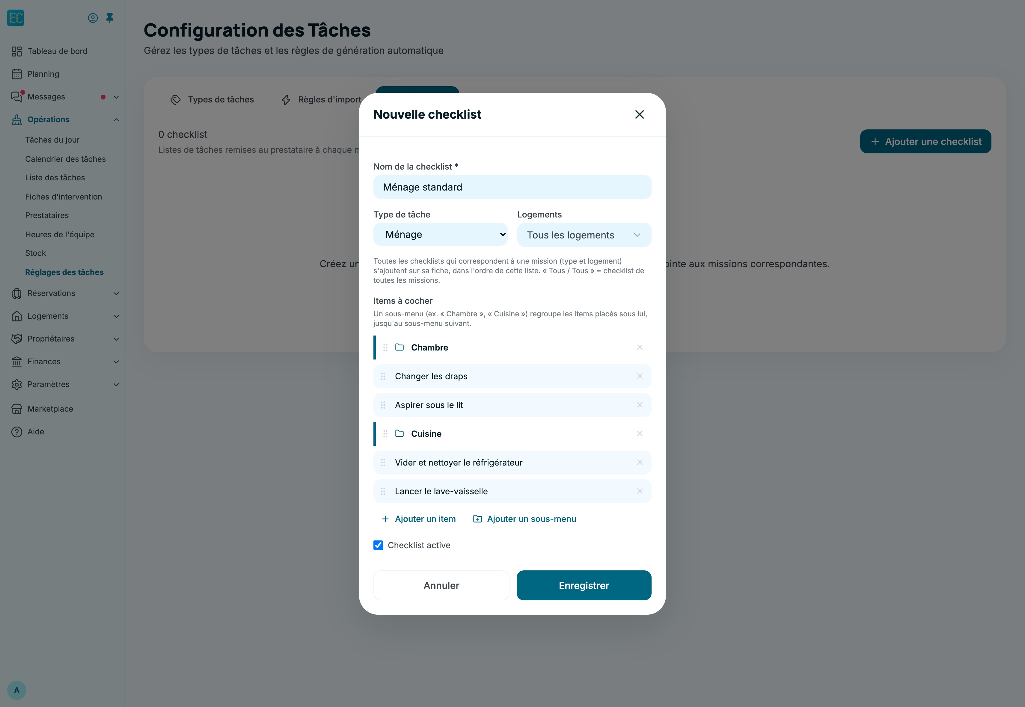 Fenêtre Nouvelle checklist remplie : nom Ménage standard, type Ménage, Tous les logements, sous-menus Chambre et Cuisine avec leurs items, boutons Ajouter un item et Ajouter un sous-menu