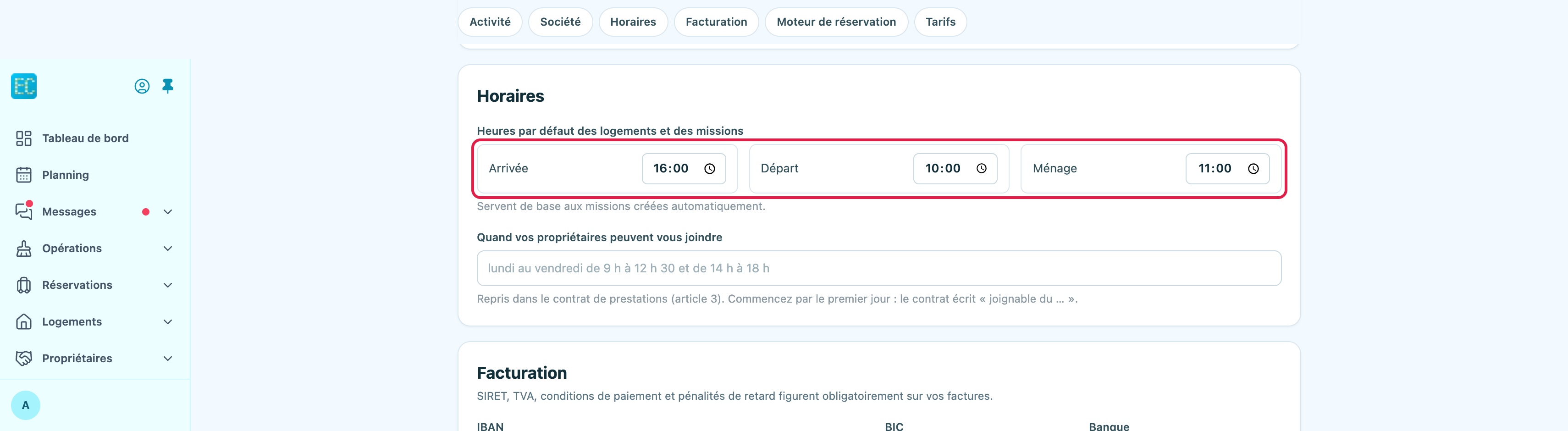 Paramètres, onglet Général, carte Horaires : ligne « Heures par défaut des logements et des missions » encadrée, avec les tuiles Arrivée 16:00, Départ 10:00 et Ménage 11:00, puis le champ « Quand vos propriétaires peuvent vous joindre »
