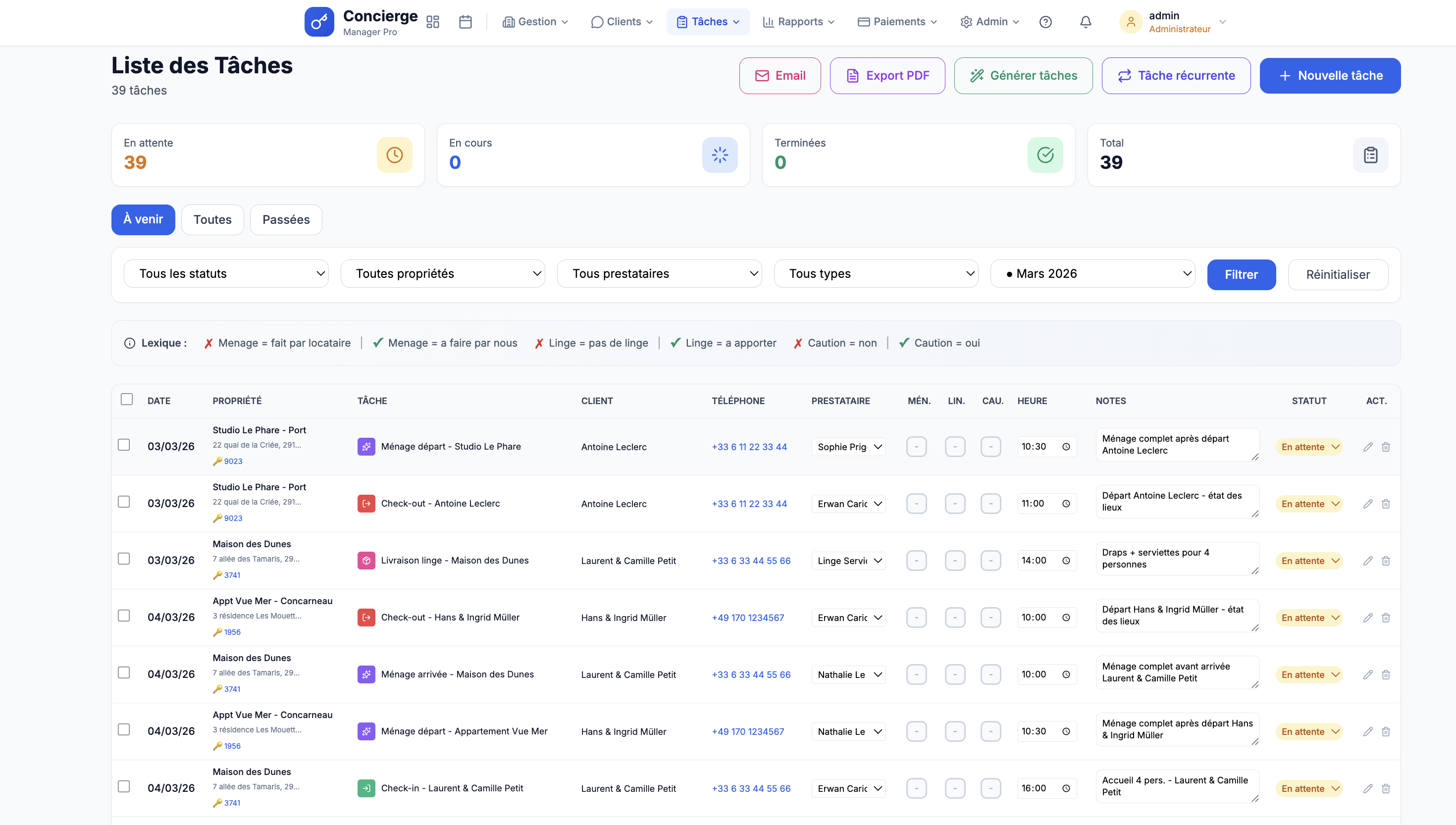 Liste des tâches avec filtres, compteurs et tableau complet