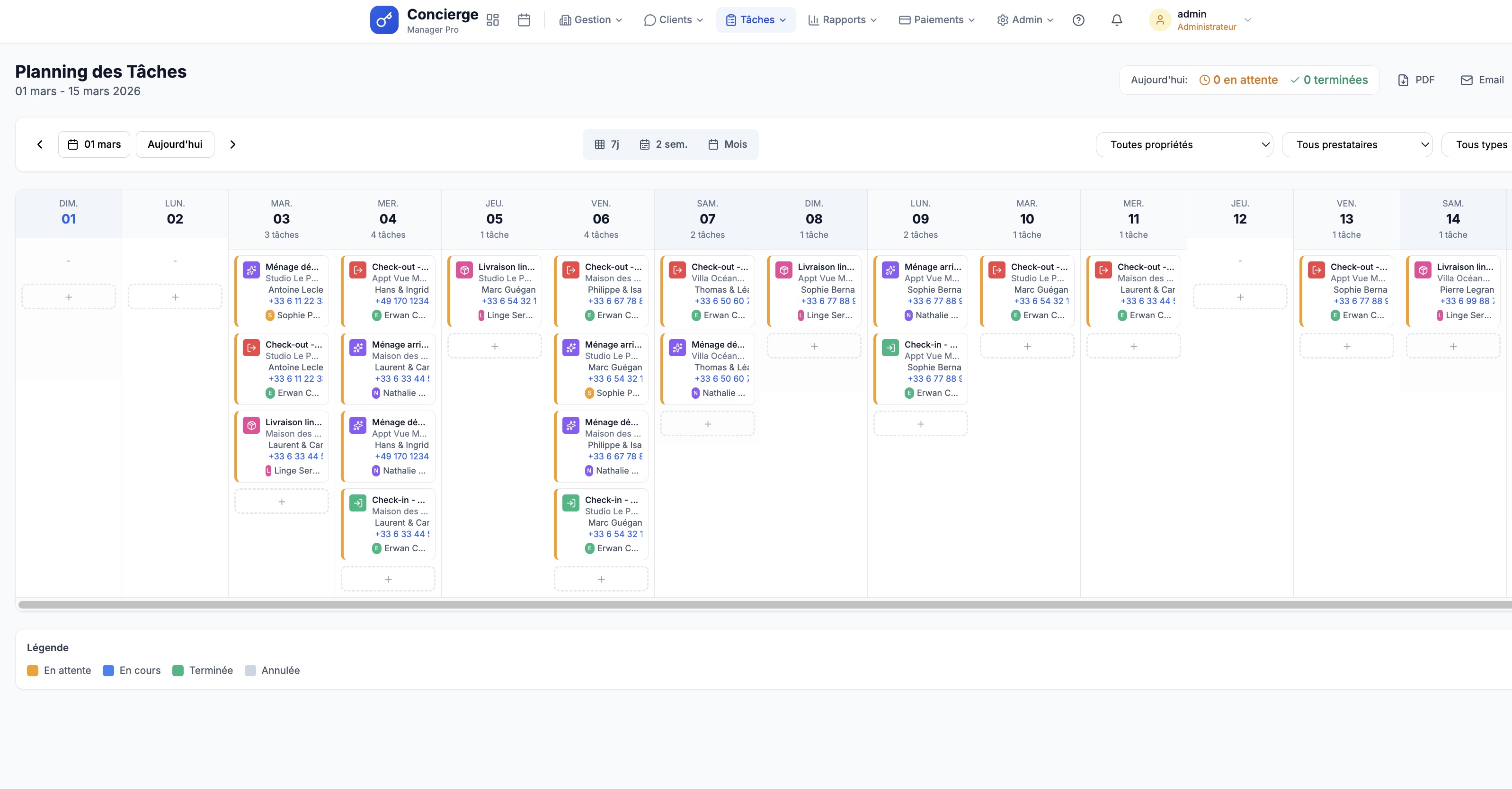 Planning des tâches en vue semaine (7 jours)