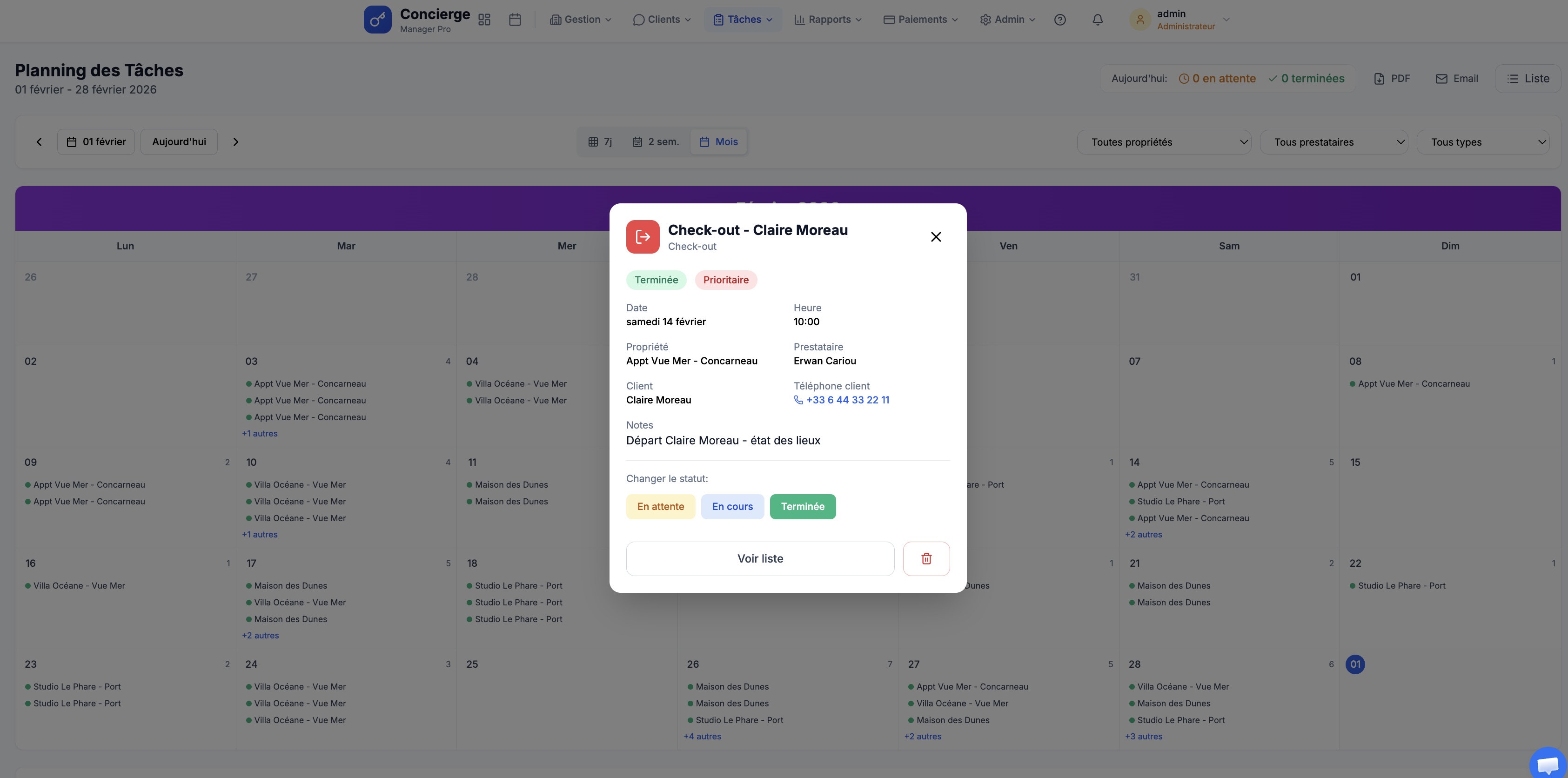 Planning des tâches en vue mois avec détail d'une tâche