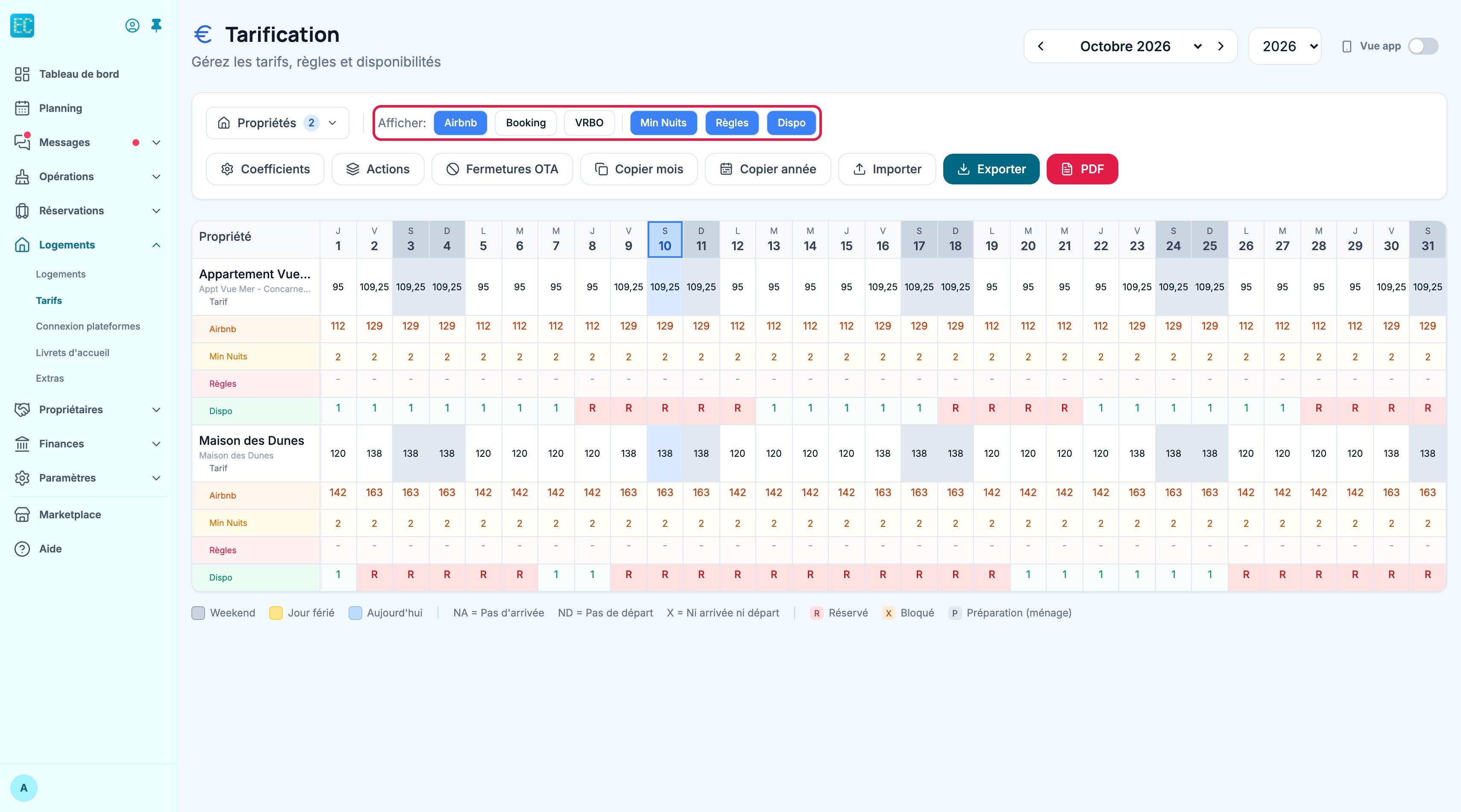 Page Tarifs : grille d'octobre avec, pour deux logements, les lignes Tarif, Airbnb, Min Nuits, Regles et Dispo ; les boutons Afficher sont encadrés