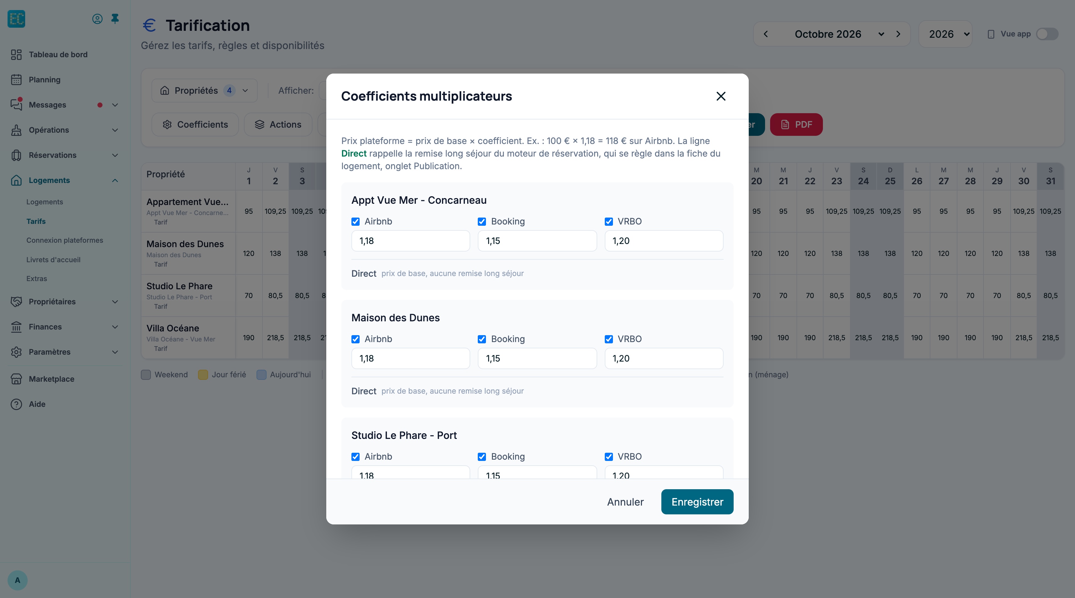 Fenêtre Coefficients multiplicateurs : pour chaque logement, une case et un coefficient pour Airbnb, Booking et VRBO, puis la ligne Direct