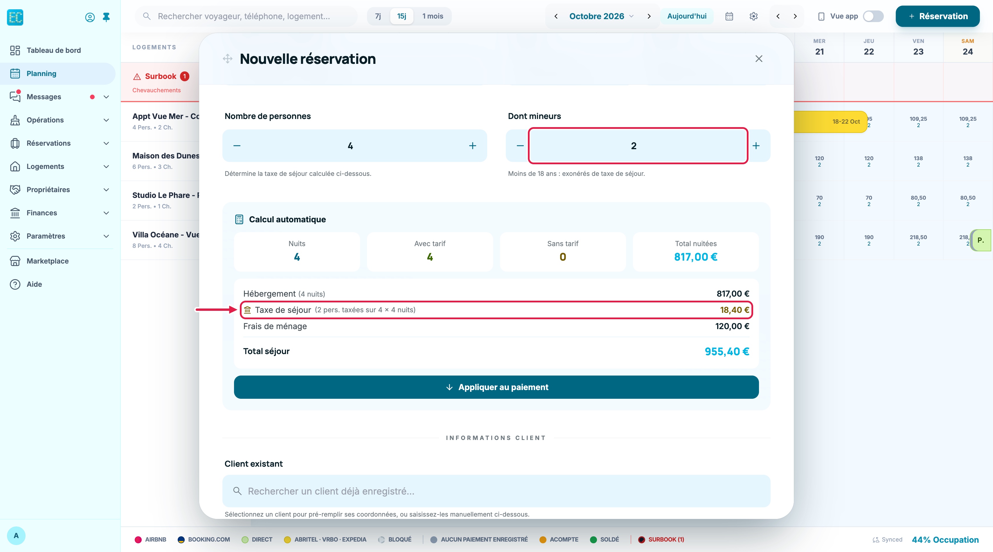 Fenêtre « Nouvelle réservation » : 4 personnes dont 2 mineurs, et dans le calcul automatique la ligne « Taxe de séjour (2 pers. taxées sur 4 × 4 nuits) » à 18,40 €