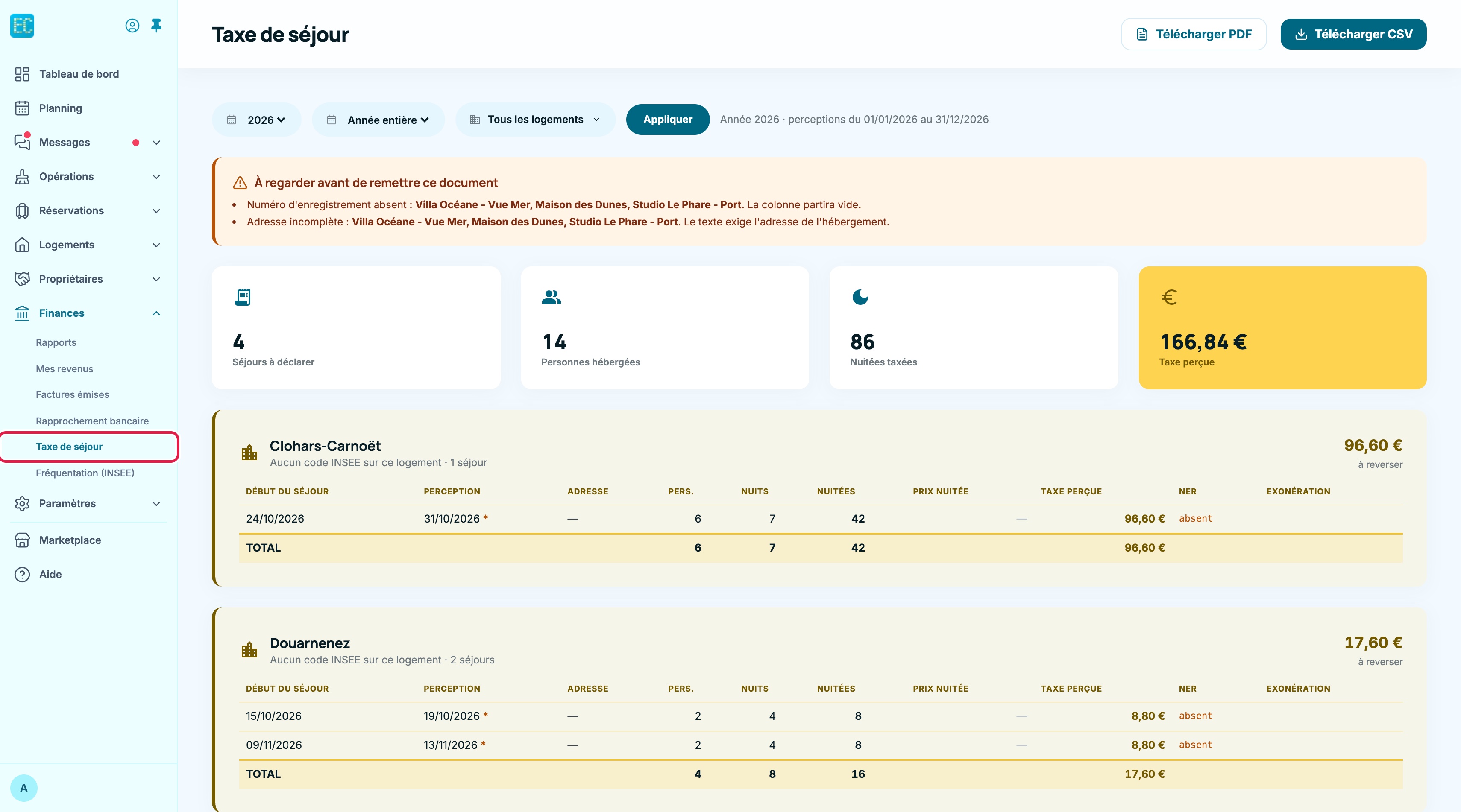 Page « Taxe de séjour » ouverte depuis le menu Finances : filtres année et découpage, bandeau « À regarder avant de remettre ce document », quatre totaux et une section par commune avec le montant à reverser