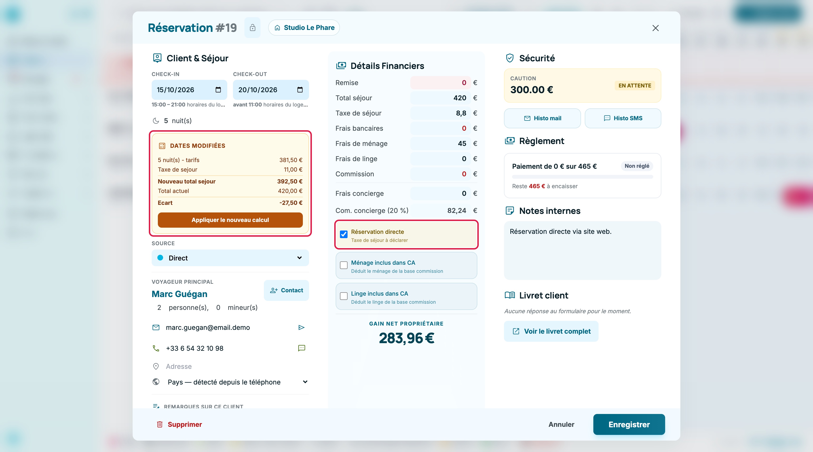 Fenêtre d'une réservation directe : encadré orange des dates modifiées avec la taxe de séjour recalculée et le bouton « Appliquer le nouveau calcul », et la case « Réservation directe » (« Taxe de séjour à déclarer ») cochée