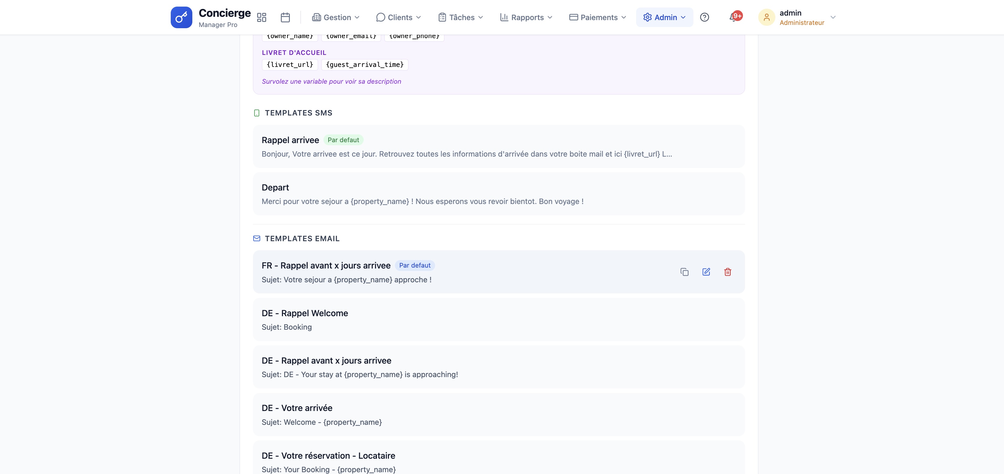 Liste des templates e-mail et SMS