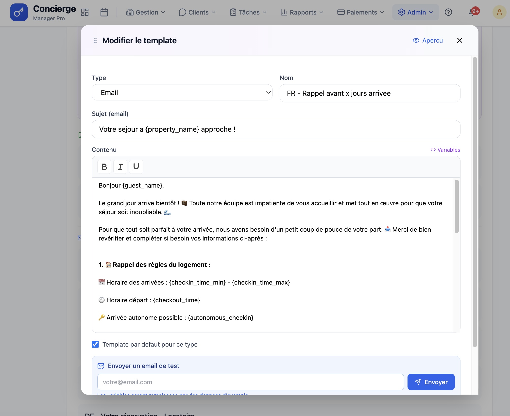 Éditeur WYSIWYG d'un template e-mail avec les variables
