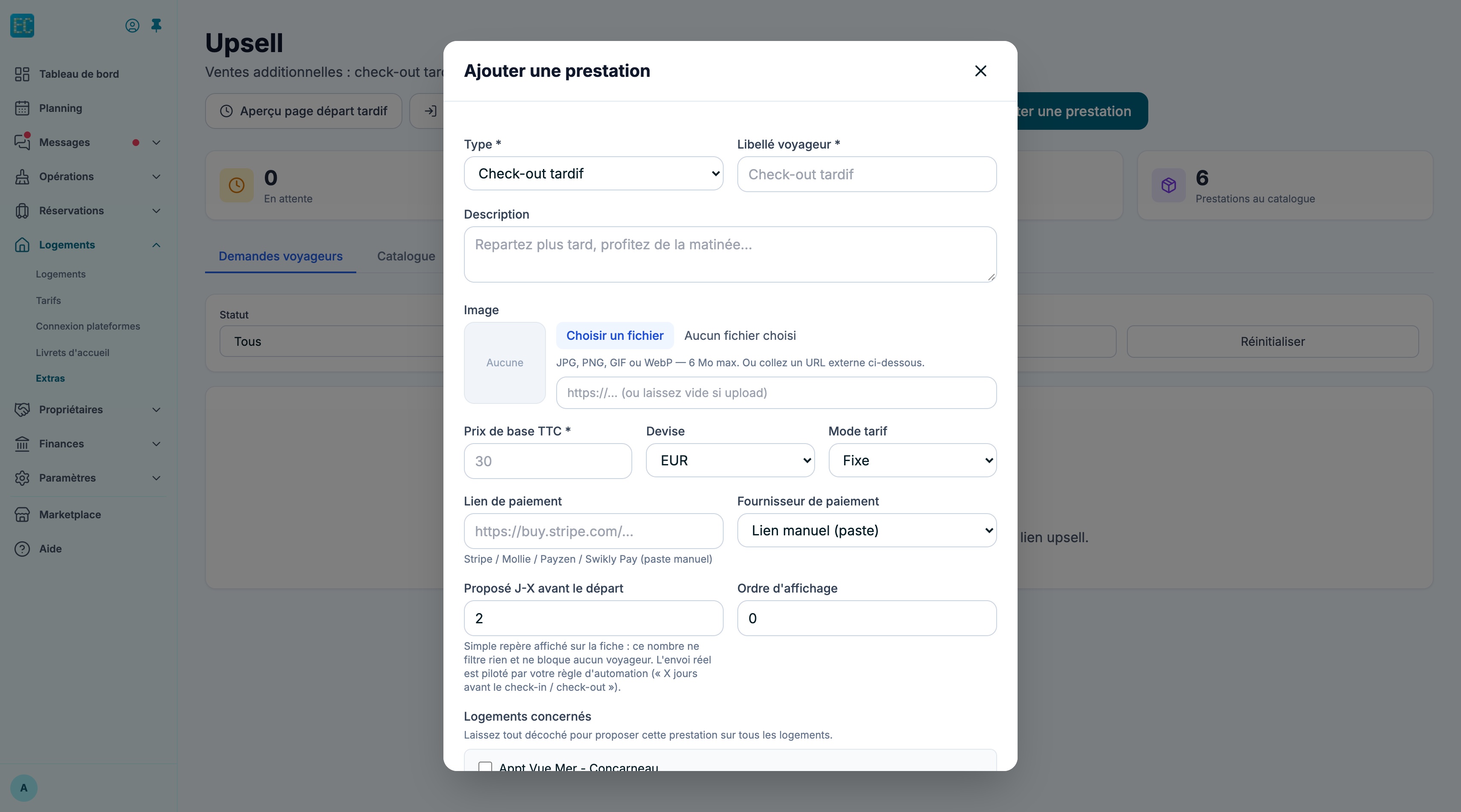 Fenêtre Ajouter une prestation : type, libellé, image, prix, lien et fournisseur de paiement