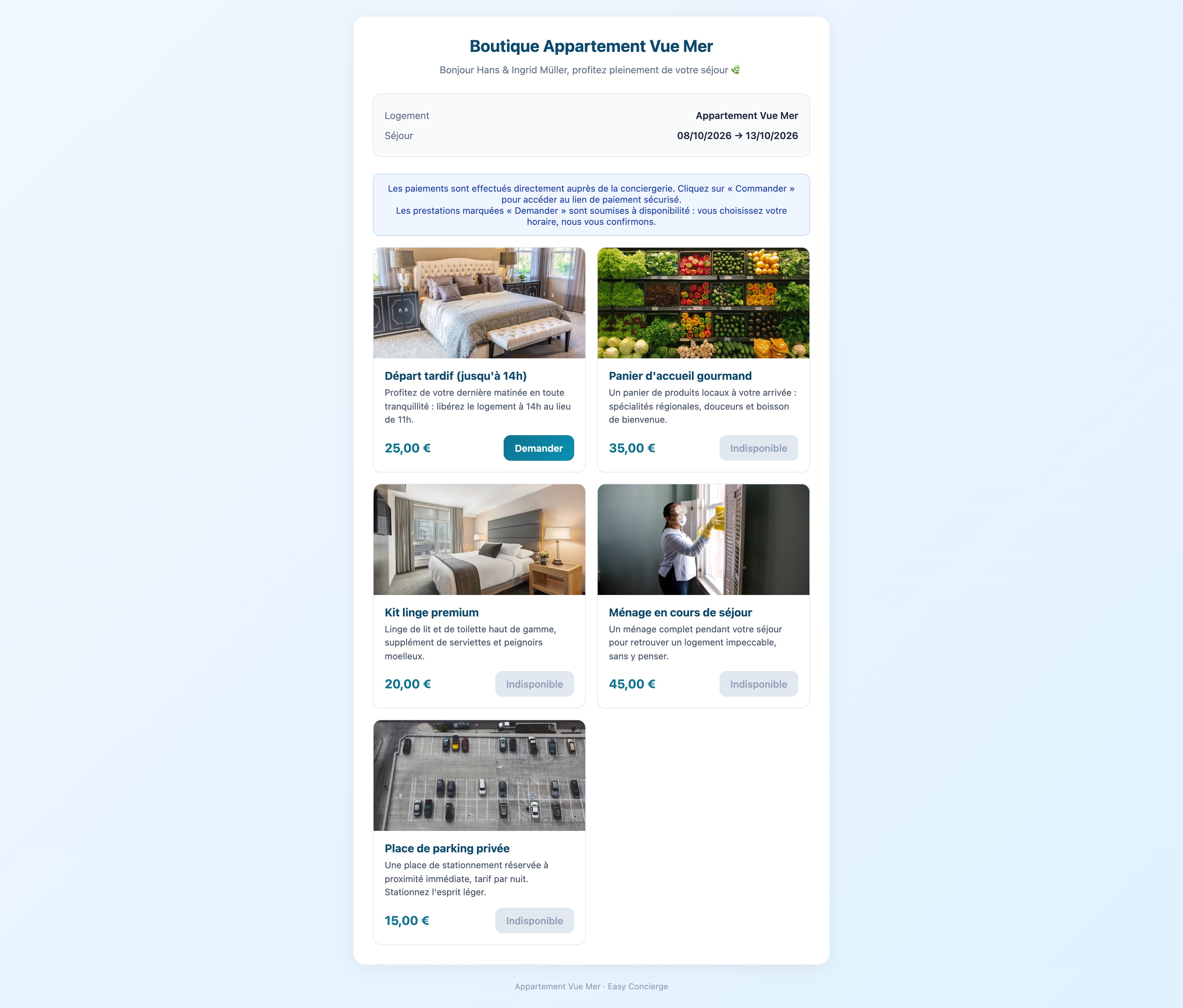 Boutique voyageur d'un logement : prestations avec boutons Demander, Commander ou Indisponible
