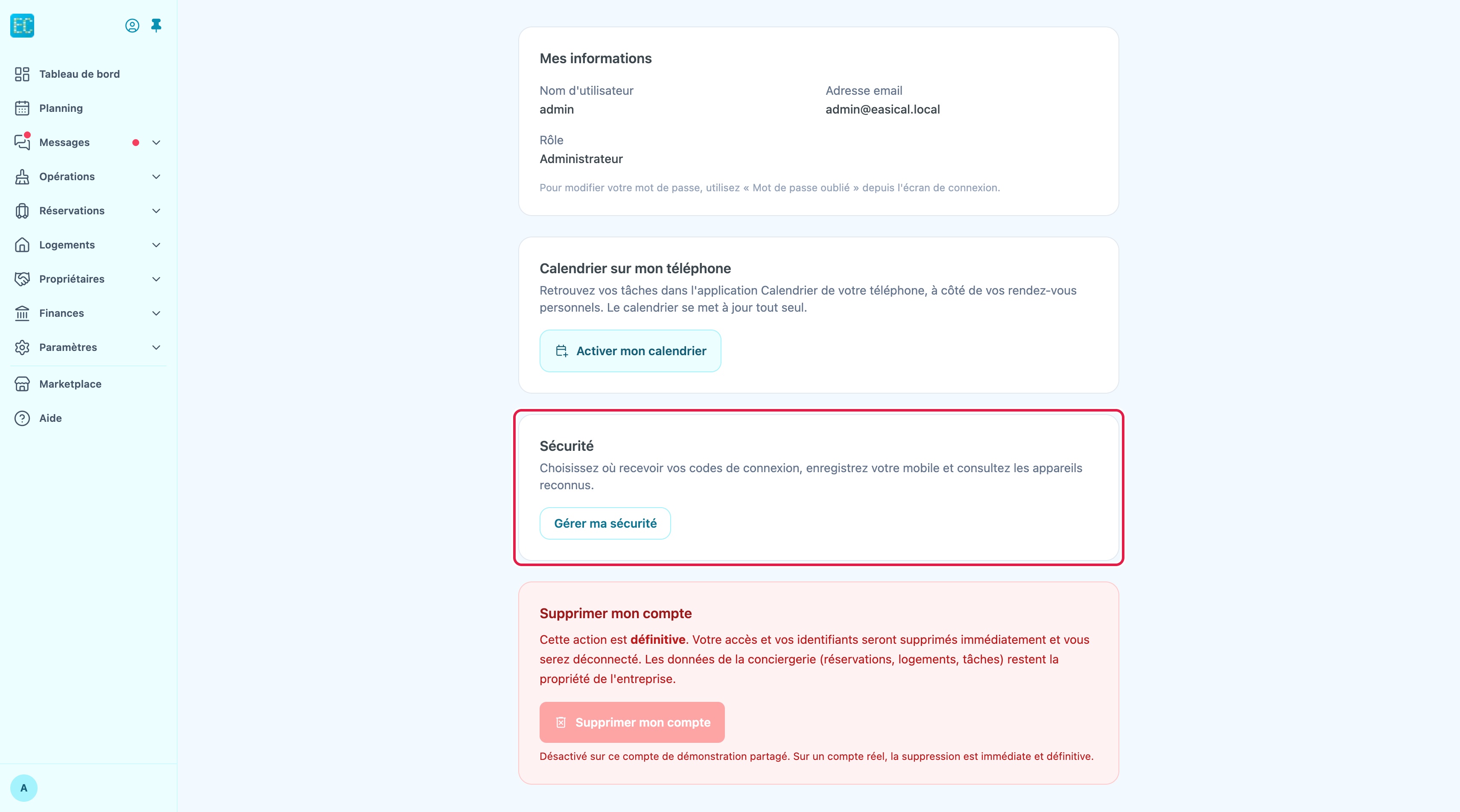 Page Mon compte : informations du compte, rappel « Mot de passe oublié », bloc Sécurité avec le bouton Gérer ma sécurité, puis bloc Supprimer mon compte