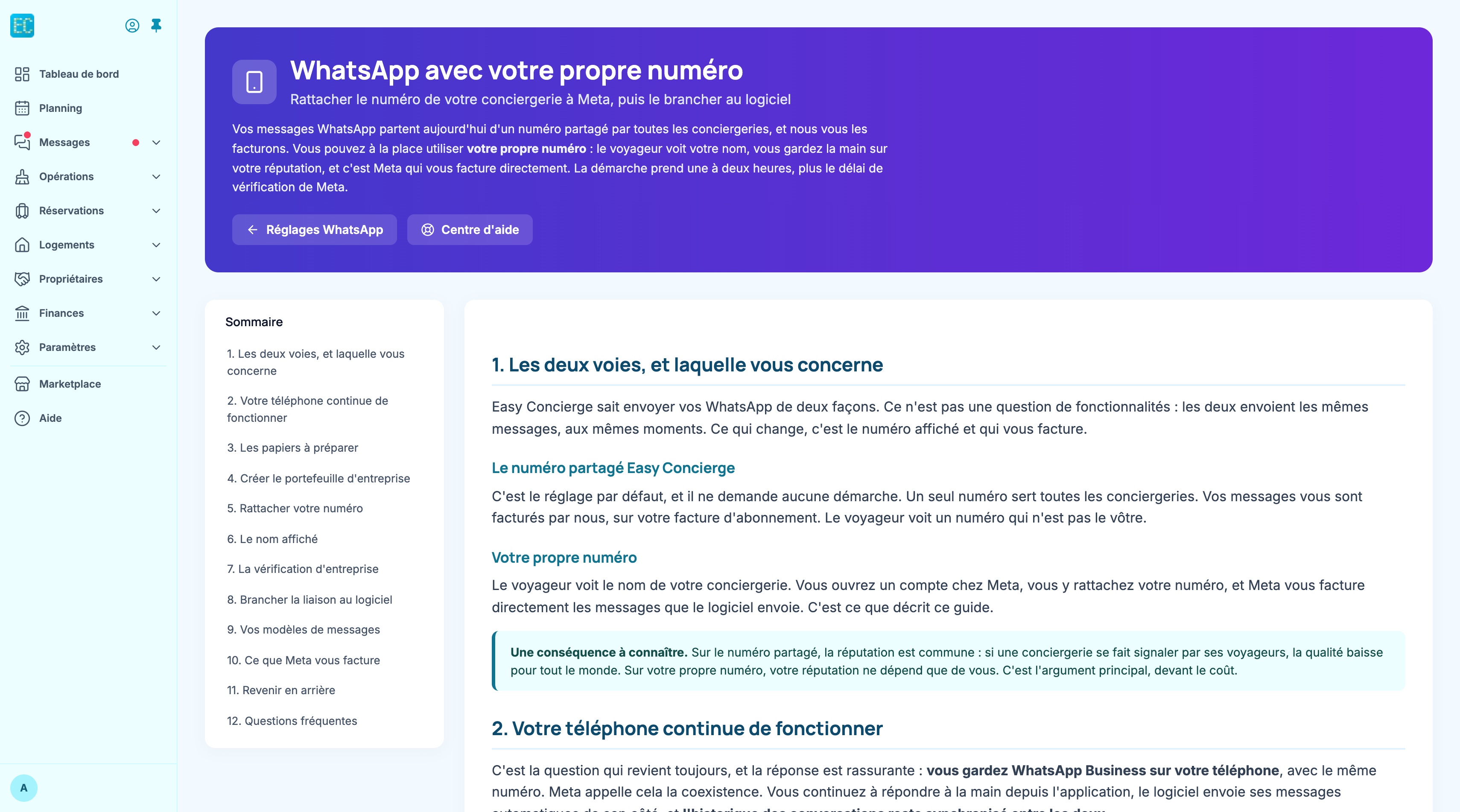 Guide intégré WhatsApp avec votre propre numéro : en-tête violet avec les boutons Réglages WhatsApp et Centre d'aide, sommaire en douze chapitres à gauche, chapitre 1 Les deux voies à droite