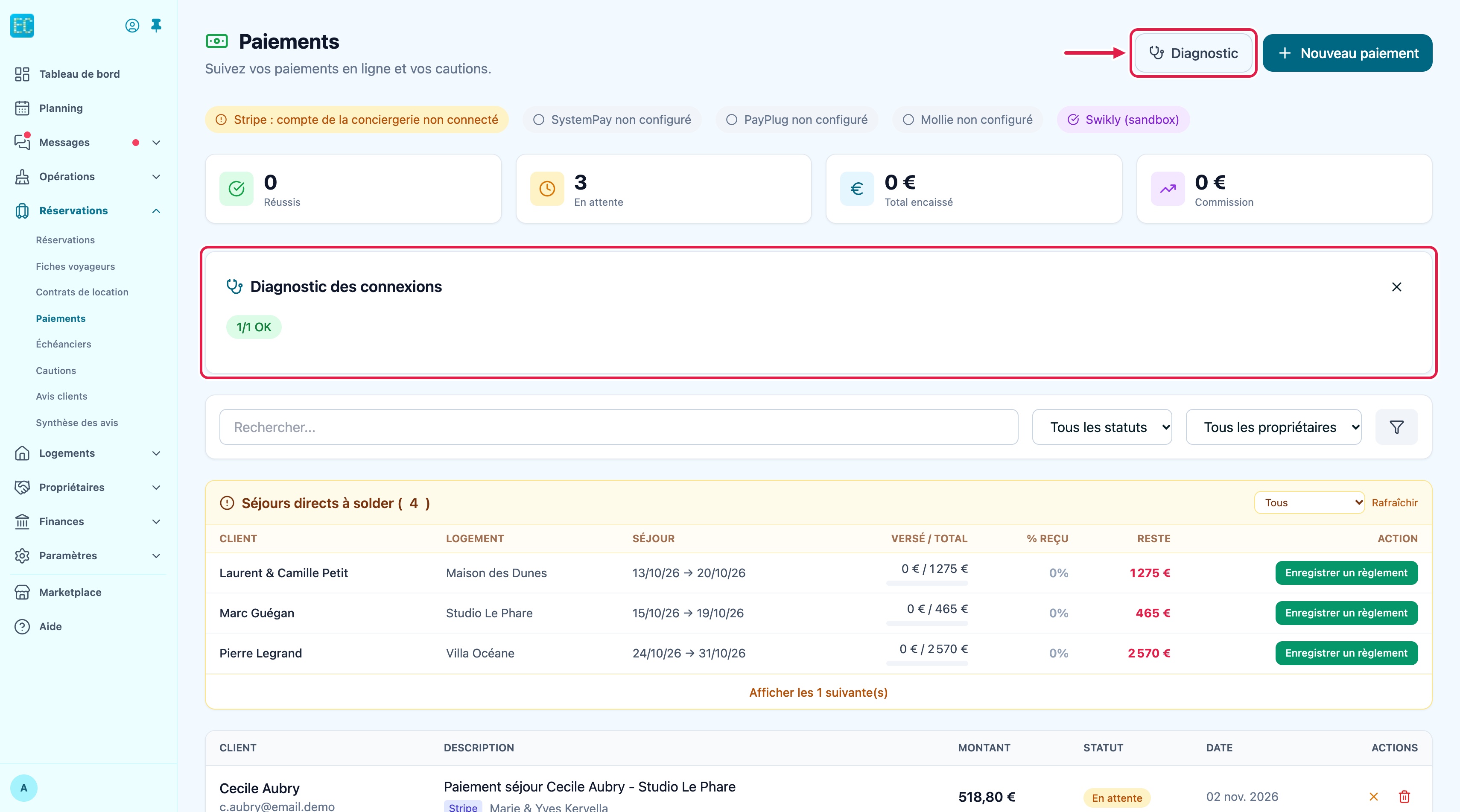Page Paiements : bouton Diagnostic désigné par une flèche et panneau Diagnostic des connexions ouvert avec le résultat « 1/1 OK »